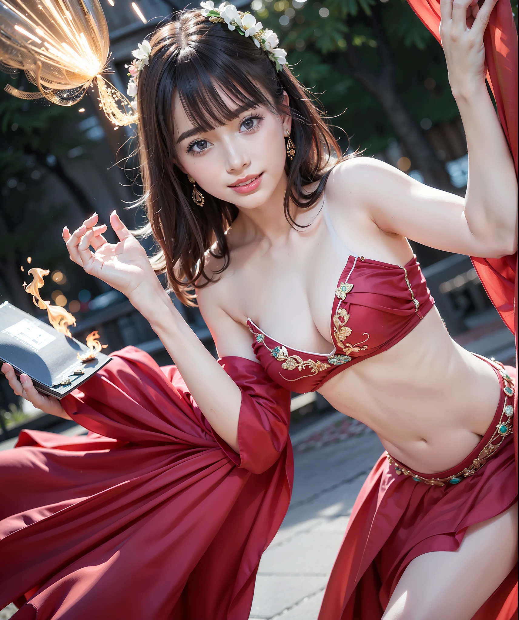 Dark:1.5, mid night:1.5, West Altar deep in the mountains:1.5、Huge stream of flames:1.5、She is a Priestess of Fire:1.5、She jumped up、Dancing hard to offer to God:1.5、flames surround her:3.0、(in 8K, Raw photography, ultra-quality, ultra-detailed CG unity 8k Wallpaper, masterpiece:1.2), SIGMA Lens 35mm F10 , Shutter Speed 1/125, ISO 1600, One girl, 3D, Full body, (Burst breasts:1.5), cute little, (Look at viewers:1.5), Beautiful legs, (unshaven armpit:1.0), Soft light, (ambient lights:1.2), (Bounce Lighting:1.2), (laughing sweetly:1.2) , (Show cleavage:1.5), (Show armpits:1.2), Show me your belly:1.5, Anatomically accurate forearm:1.5, Anatomically accurate hands:1.5, Anatomically accurate left finger:1.5, Anatomically accurate right finger:1.5, Anatomically accurate legs:1.5, Anatomically accurate thighs:1.5, Anatomically accurate lower limbs:1.5,Anatomically accurate feet:1.5, 5Fingers of the right hand,5left hand finger,1Left arm with only a book,1Only the right arm of the book,1Left foot only in the book,1Only the right leg of the book, Super beautiful detailed eyes, (Delicate and beautiful hair), precise shading of hair, Delicate hair tips, professional make up, Strapless:1.2, hyperdetailed lips, Precisely drawn lip wrinkles, Beautiful shiny lips, Wearing small jewelry earrings that match the color of the outfit, Beautiful high heels to match the color of the outfit:1.2, Beautiful anklets to match the color of the costume, Beautiful bracelets to match the color of the costume:1.2, White manicure, Random hairstyles, disheveled hair:1.5,outside of house:1.5、Dark:1.5, mid night:1.5, West Altar deep in the mountains:1.5、Huge stream of flames:1.5、She is a Priestess of Fire:1.5、She jumped up、Dancing hard to offer to God:1.5、flames surround her:3.0、Huge stream of flames in the sky:2.0