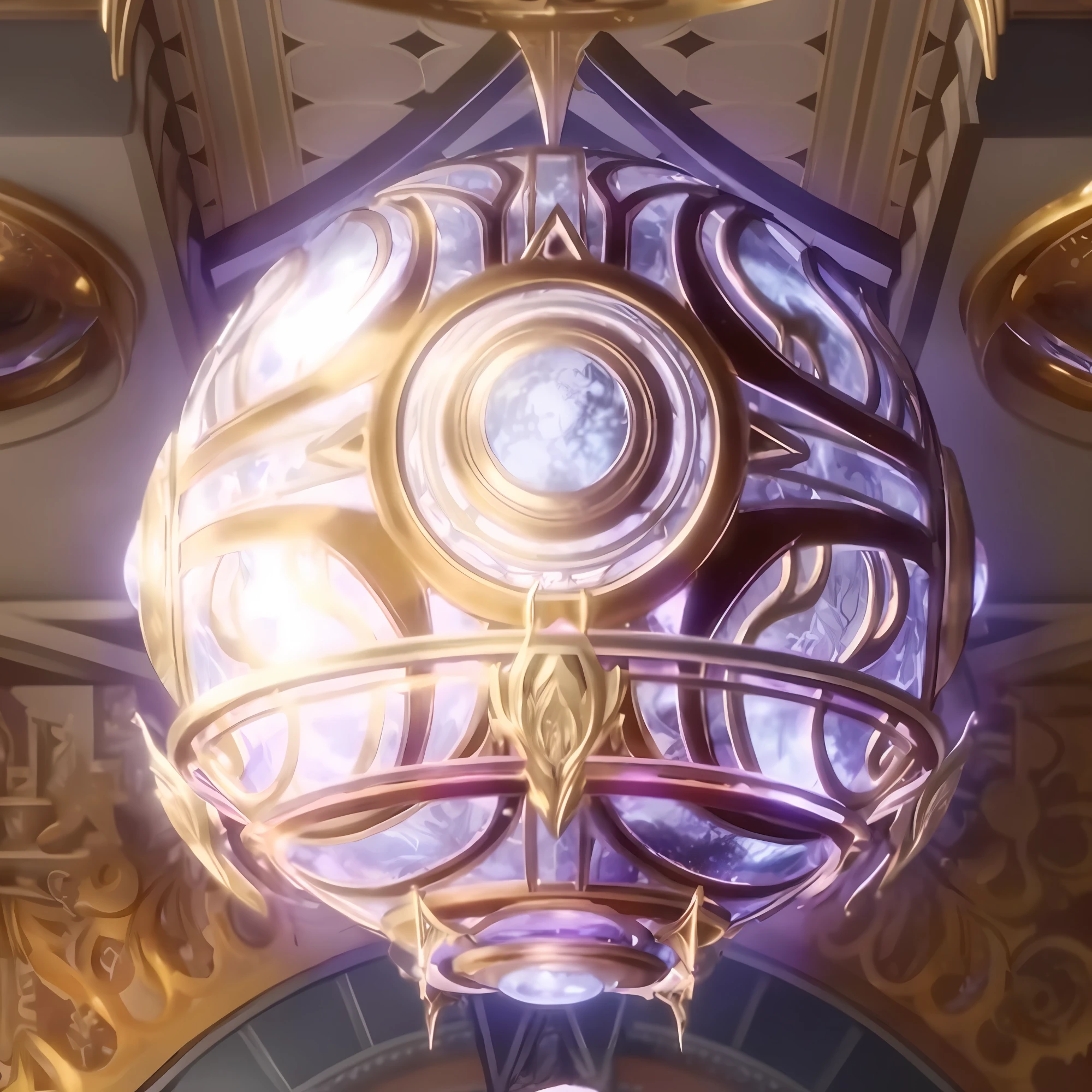 A purple and gold headlamp hangs from the ceiling, intricate ornate anime cgi style, the orb of time, the orb of eternity, intricate ornament halo, ornate gilded cosmic machine, the orb of dreams, orb of agamento, hyper detailed ornament, the orb of truth, unreal engine render saint seiya, infinite celestial library, Smooth zenith lighting
