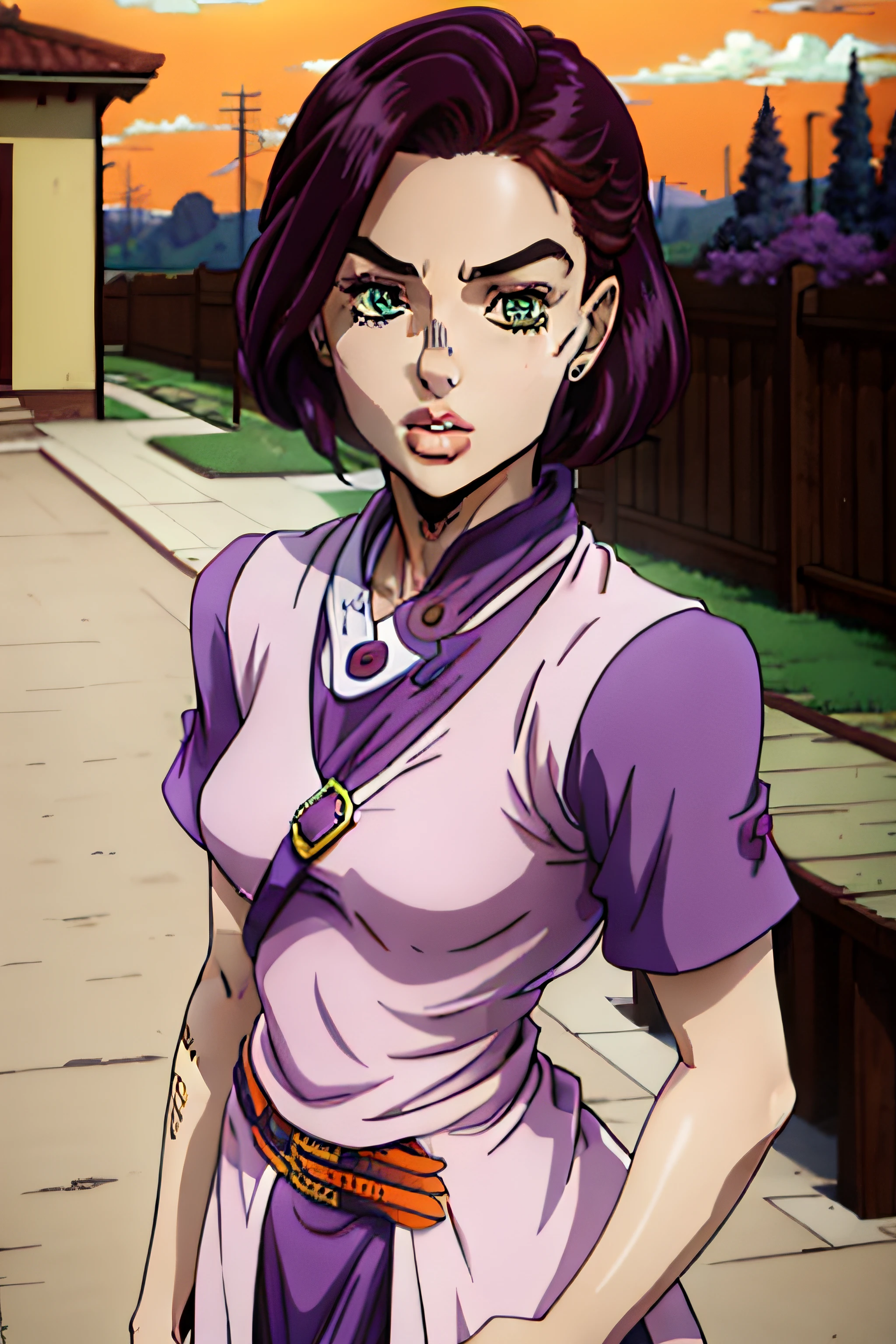 tmasterpiece， Best quality at best， absurderes， 1girll，dual horsetail ， small medium breasts， parted lip， Sick，耳Nipple Ring， Blue cheongsam， short- sleeved， Purple scarf， （yard， exteriors， Orange sky）， araki hirohiko （art-style）， The upper part of the body， sportrait