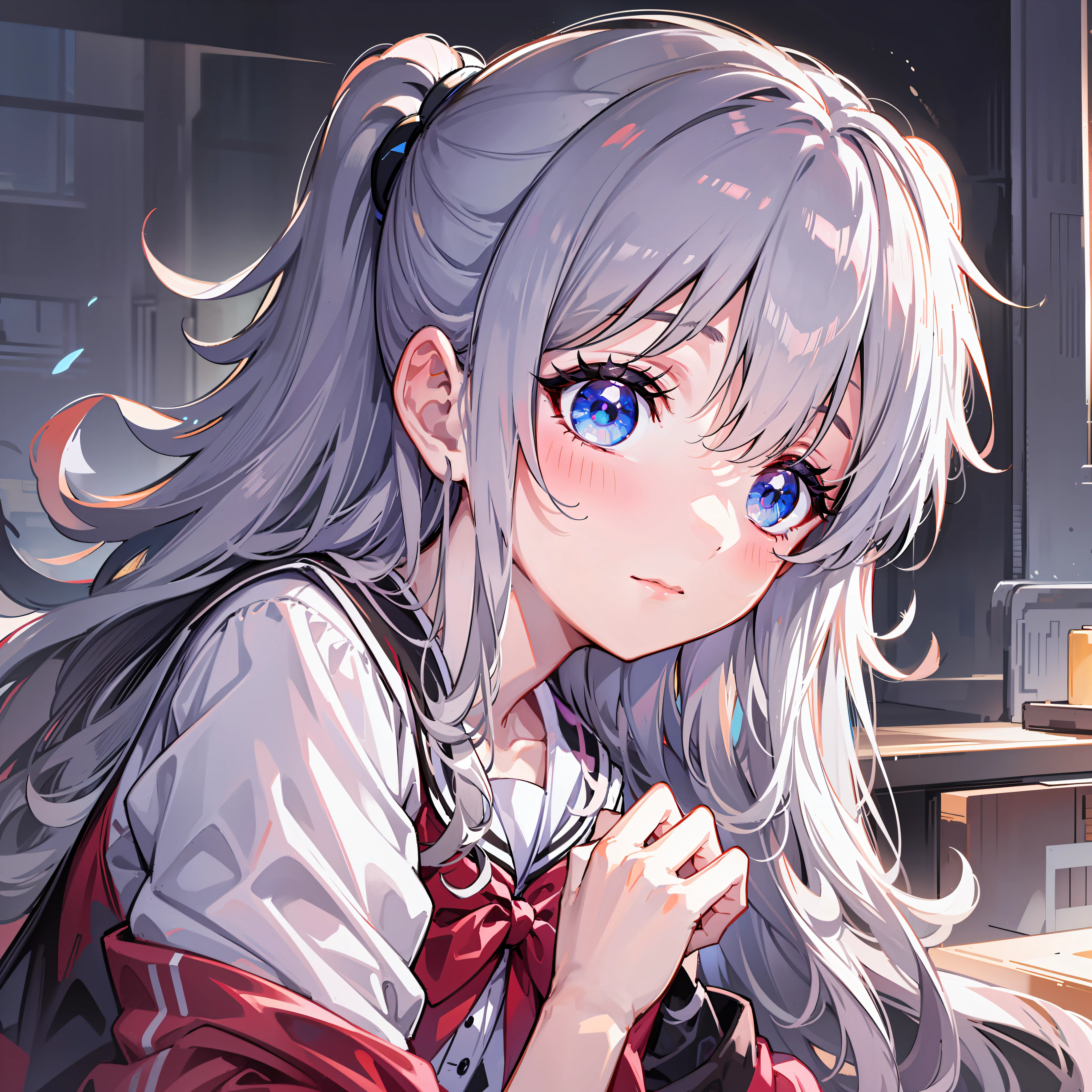 A girl, Tomori_ Nao, delicate white Pigtail hair, delicate blue eyes, anime, anime girl, ((masterpiece)), ((highest quality)), middle hair of eyes, big eyes, delicate facial features, beautiful cheeks, masterpiece, masterpieces, delicate facial features, delicate hair depiction, delicate eye depiction, 4k picture quality, gorgeous scenes, beautiful and delicate eyes, extremely delicate, beautiful and lovely