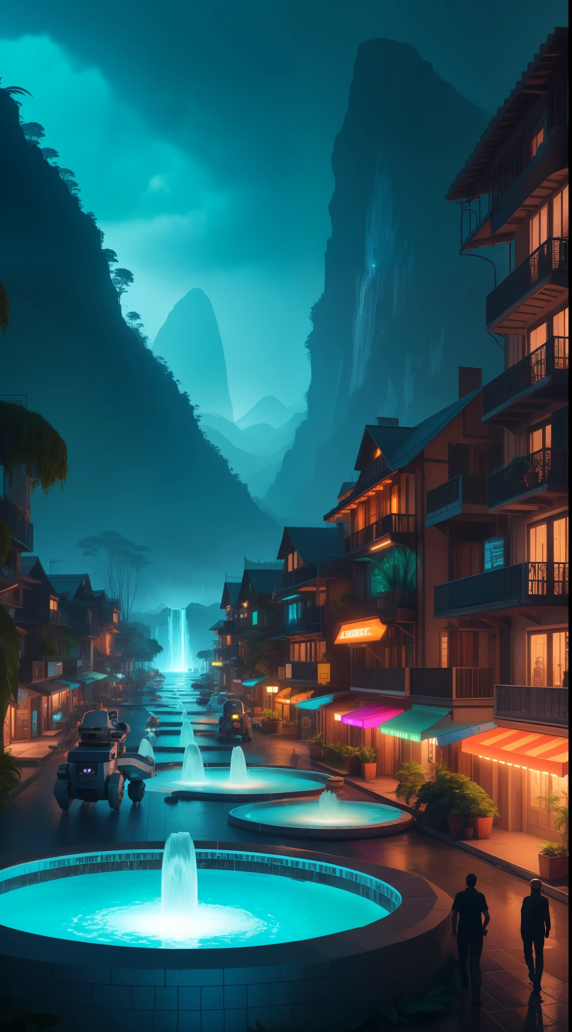Automated cyan themed city, super vibrant,  extremely detailed, photorealistic, in a jungle, 8k, raining, has super detailed cyan themed robots, has practical super detailed cybernetic power generating mountains, high  res, dslr, with fountain flowing cyan tthemed radiating water, technologically advanced city, pop out of black background