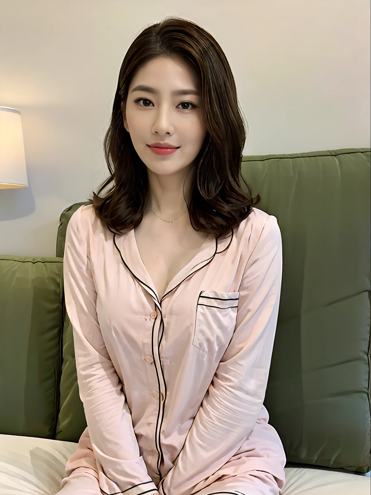 top-quality、masterpiece、超A high resolution、(Photorealsitic:1.4)、A Japanese Lady、(Glossy pink pajamas)、huge-breasted、Sleeping in bed