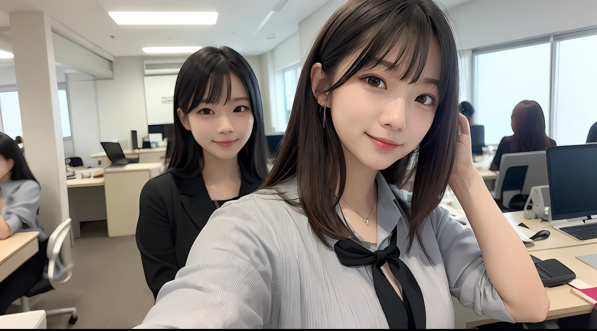 女の子1人、Women around 29 years old、garments(blouse）、hairstyle on(A dark-haired）、a picture、realisticlying、top-quality、adopt、A detailed face、s Office、a desk、细致背景、diffuse sunlight、depth of fields、独奏