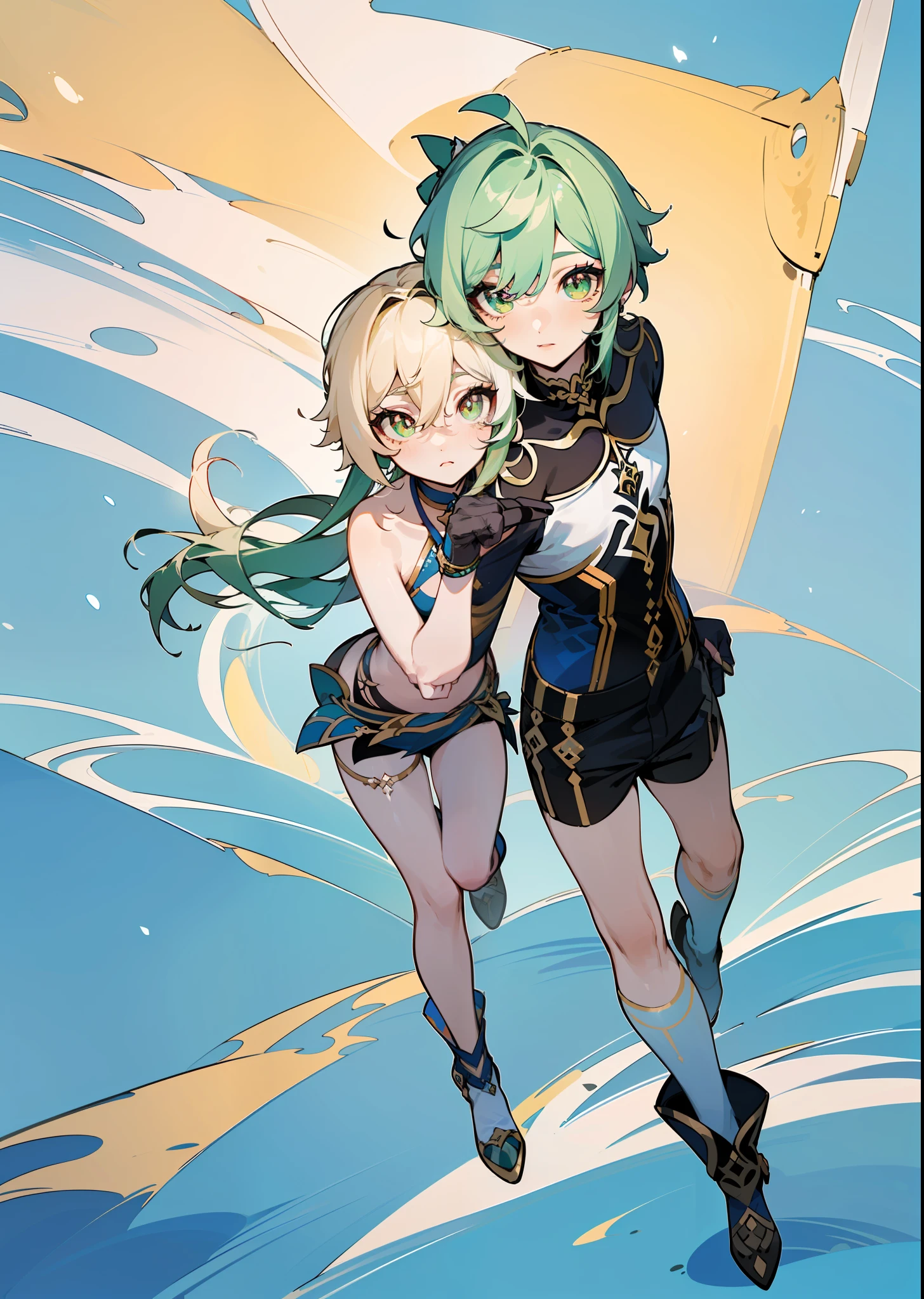 Side ponytail, ((Nahida \ (Genshin Impact\))), multicolored hair, (hair between the eyes)), gray hair, green hair, green eyes, ((flat chest)), (photorealistic: 1.4), (masterpiece: 1.4), (best quality: 1.4), 1 girl, ultra high resolution, (((detailed facial features)), (((full body)), small hands, Kpop idol, egyosar,, ( ulzzang-6500-v1.10.66),((Cruciform pupil)),When you look at the viewer,((Pointed ears)),(Sunlight),(Beach: 1.31)(Wed: 1.41),Standing on one leg,From the side,(((Flat chest)),Plane of symmetry,Between legs