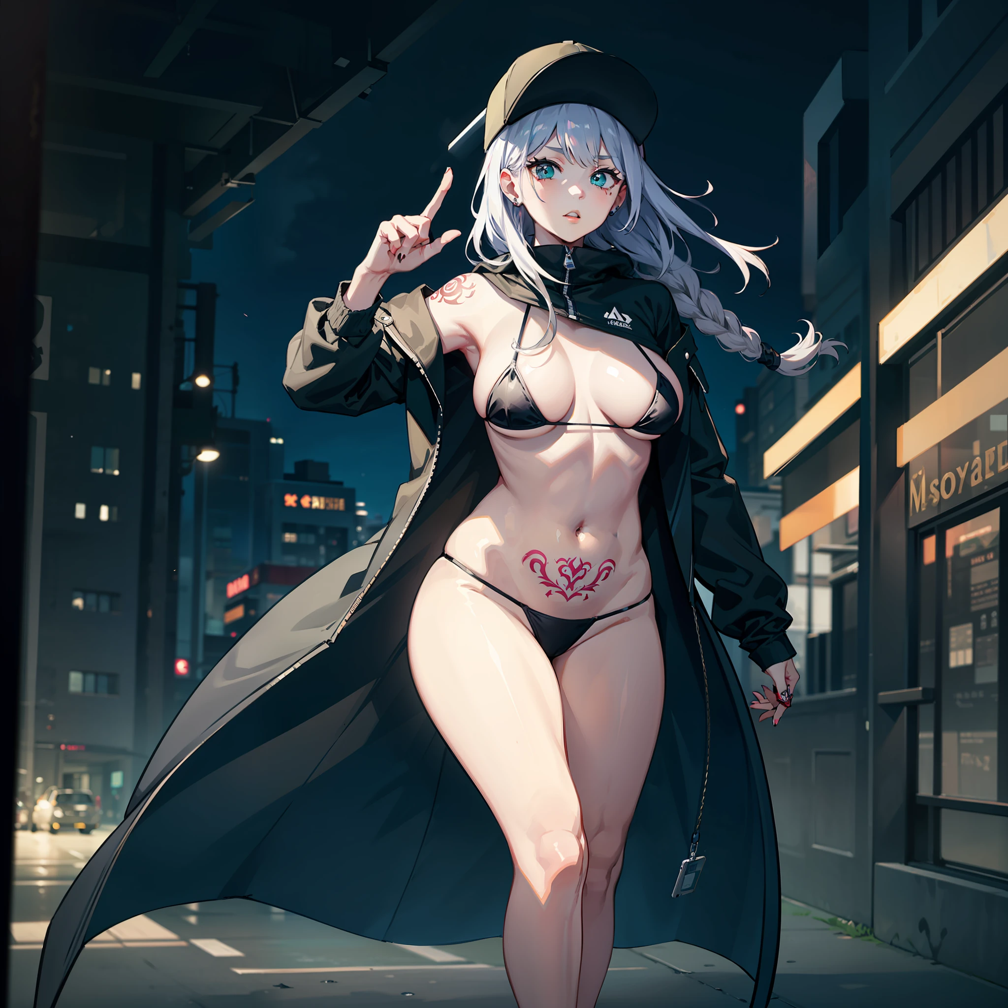 Raised sexy,Wearing a black hat,Point your finger at the lens,Bigchest,Big breasts Thin waist,upper legs,A body with a sense of strength,Side Body,wind coat,brassier,leg loops,Sharp eyes,Green lips,Twist braids,rebelliousness,Tattooed with,woman,19years old,baseball cap,modern urban,((Modern technology)),((Modern background)),((great masterpiece)),((Extreme detail quality)),((Highest quality)),((tmasterpiece))