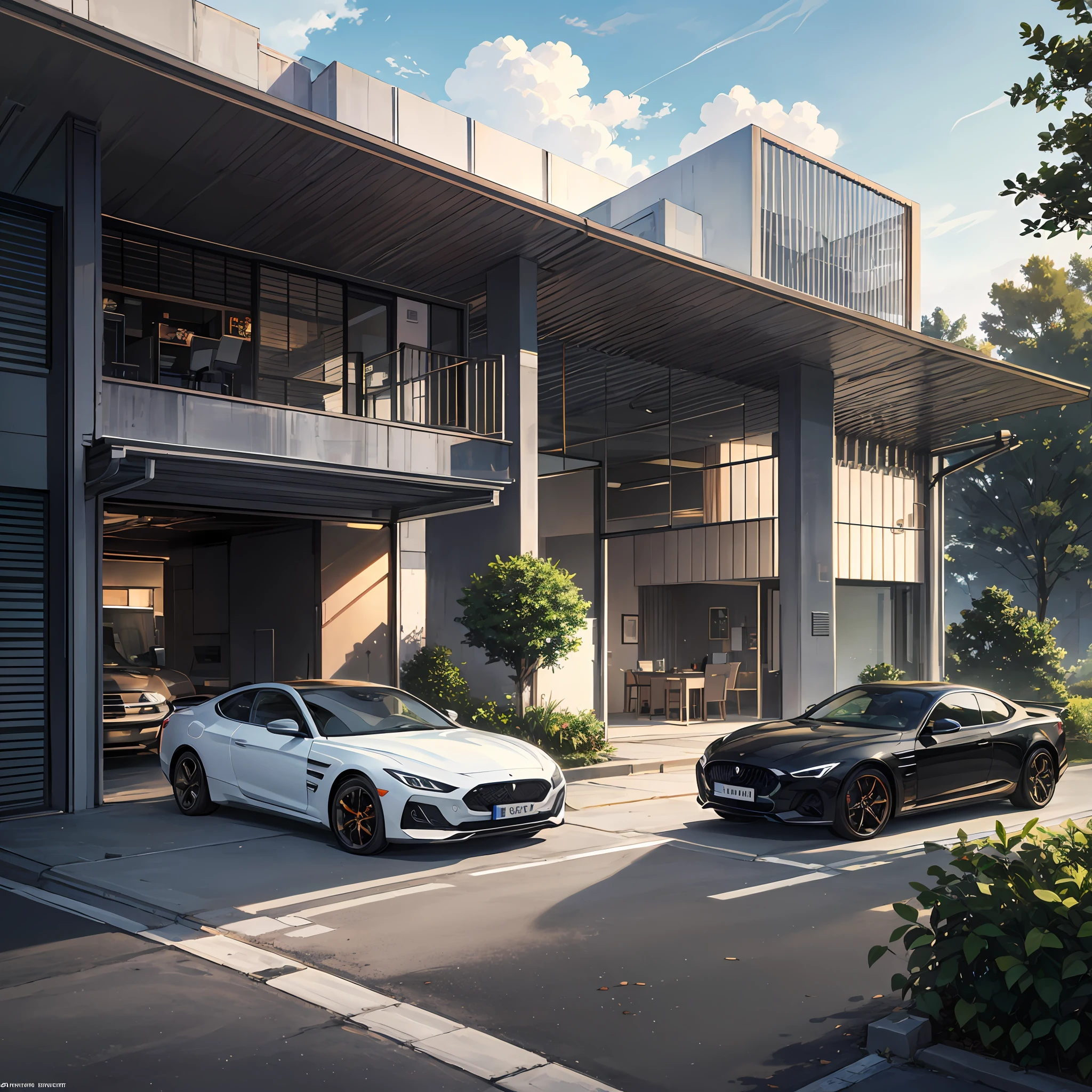 A villa,car garage,Lots of luxury cars,In the daytime,There is the sun