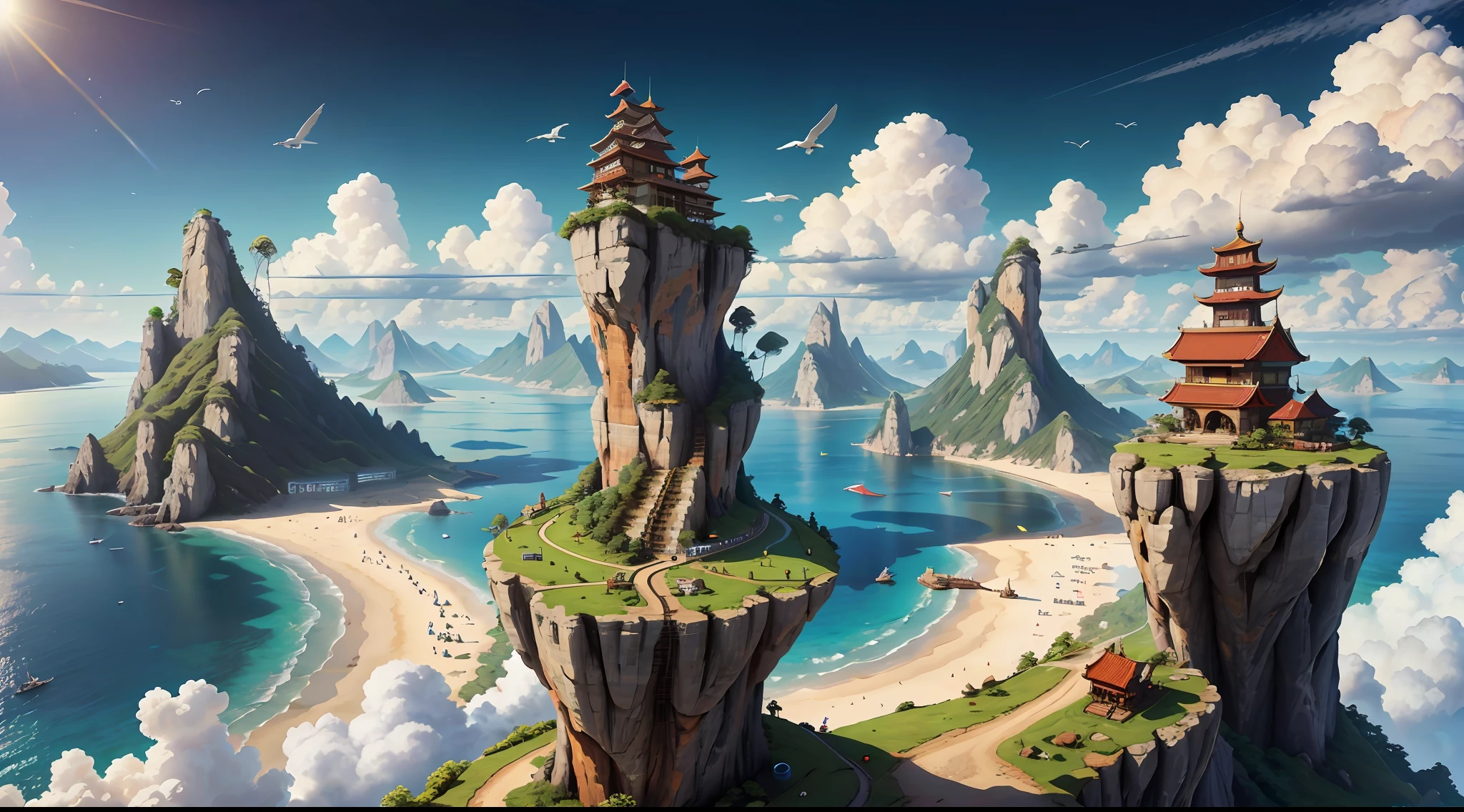 ((obra-prima)), (((melhor qualidade))), ((ultra-detalhado)), (Awesome: 1.1), ((papel de parede extremamente detalhado da unidade CG 8k)), (8k, Foto RAW, melhor qualidade, obra-prima: 1.2), (realista, Foto realista: 1.4), (renderizado: 1.4), NVIDIA RTX Ray Tracing, ilhas voadoras, Ancient Chinese cities flying in the sky, ((cidades antigas chinesas em ilhas voadoras com grandes pagodas)), Fantasia chinesa, mundo do cultivo, Several islands flying in the skies with ancient Chinese villages, pagodas antigas, (rios, Lagos e cachoeiras, escorrem em quedas das ilhas), Great blue and red Chinese dragons fly around the great flying islands, leve neblina envolve as ilhas, montanhas nas ilhas tem picos nevados, lindo, Natureza, Sky and Ground, vendaval, varrido pelo vento, nuvem linear, tiro de luz da nuvem, sky sky sky, Realistic clouds high in the sky, Mitologia Chinesa, World Cultivation Scenario, Scenery of Murim, Wuxia Scenario, martial world cultivation scenario, martial peak scenario, mundo do kung fu antigo, seitas de artes marciais, floresta exuberante abaixo das ilhas com vida selvagem e fauna da selva, Foto premiada, BLN-L24, exposure, Alto contraste, low saturation, high saturation 8k 3D, lento F 2.8, aerial view, cinematic lighthing.