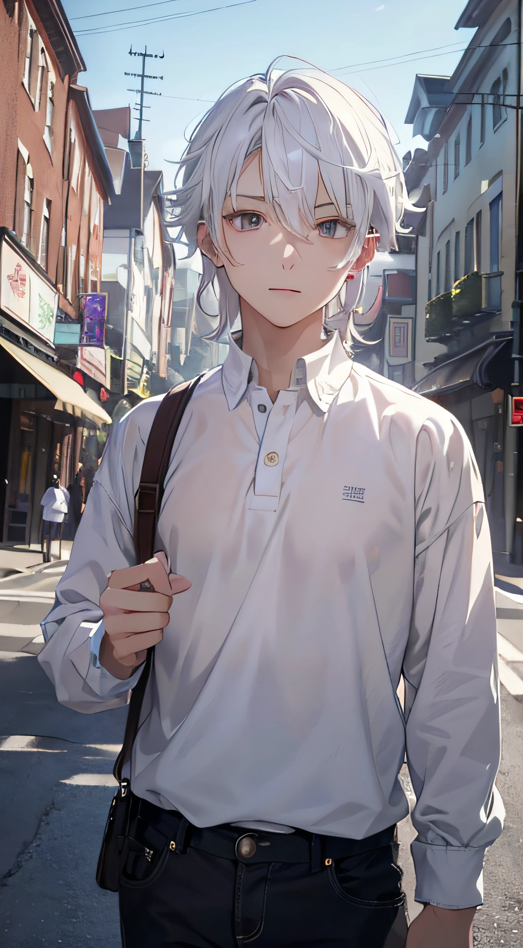 (absurderes、hight resolution、ultra-detailliert、nffsw)、​masterpiece、top-quality、、独奏、a handsome、shorth hair、white  hair、finely eye and detailed face、Casual clothing、Real Shadows、Joy、Connecting ears、The upper part of the body、Blur the background、