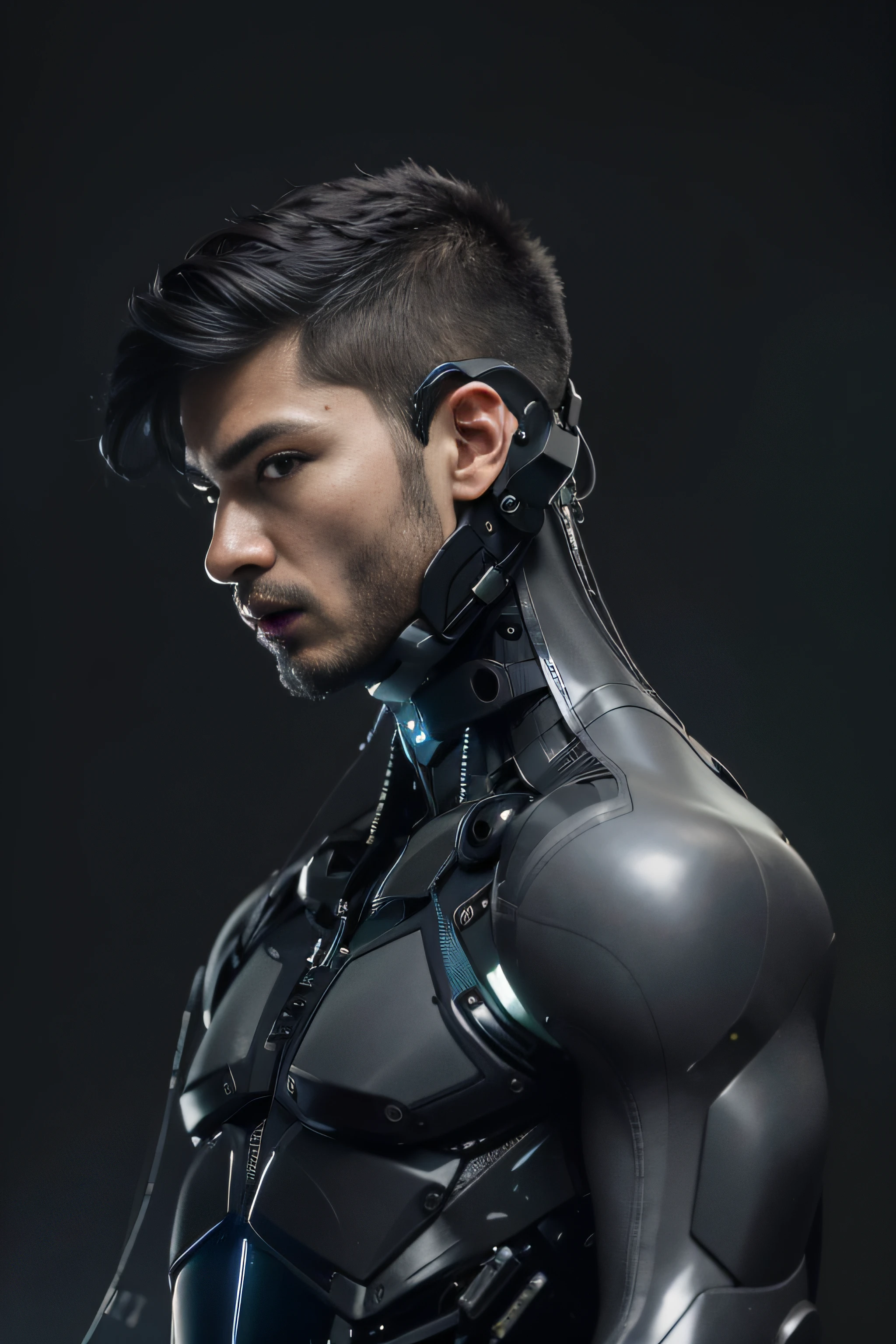 Arafede man in black latex suit,Metallic body, bionic scifi alexandre ferra, cyborg neck, cyborg male, male cyborg, cyborg fashion model, portrait of a cyborg, detailed portrait of a cyborg, cybernetic neck implant, portrait of a futuristic robot, dystopian sci-fi character, sci - fi character, portrait of a cyberpunk cyborg,8K,Extreme detail,Direct hair strands depicted,Hyper-realistic,Ultra photo realsisim,cinmatic lighting,Asian supermodel face,Strong muscles and perfectly curvy body