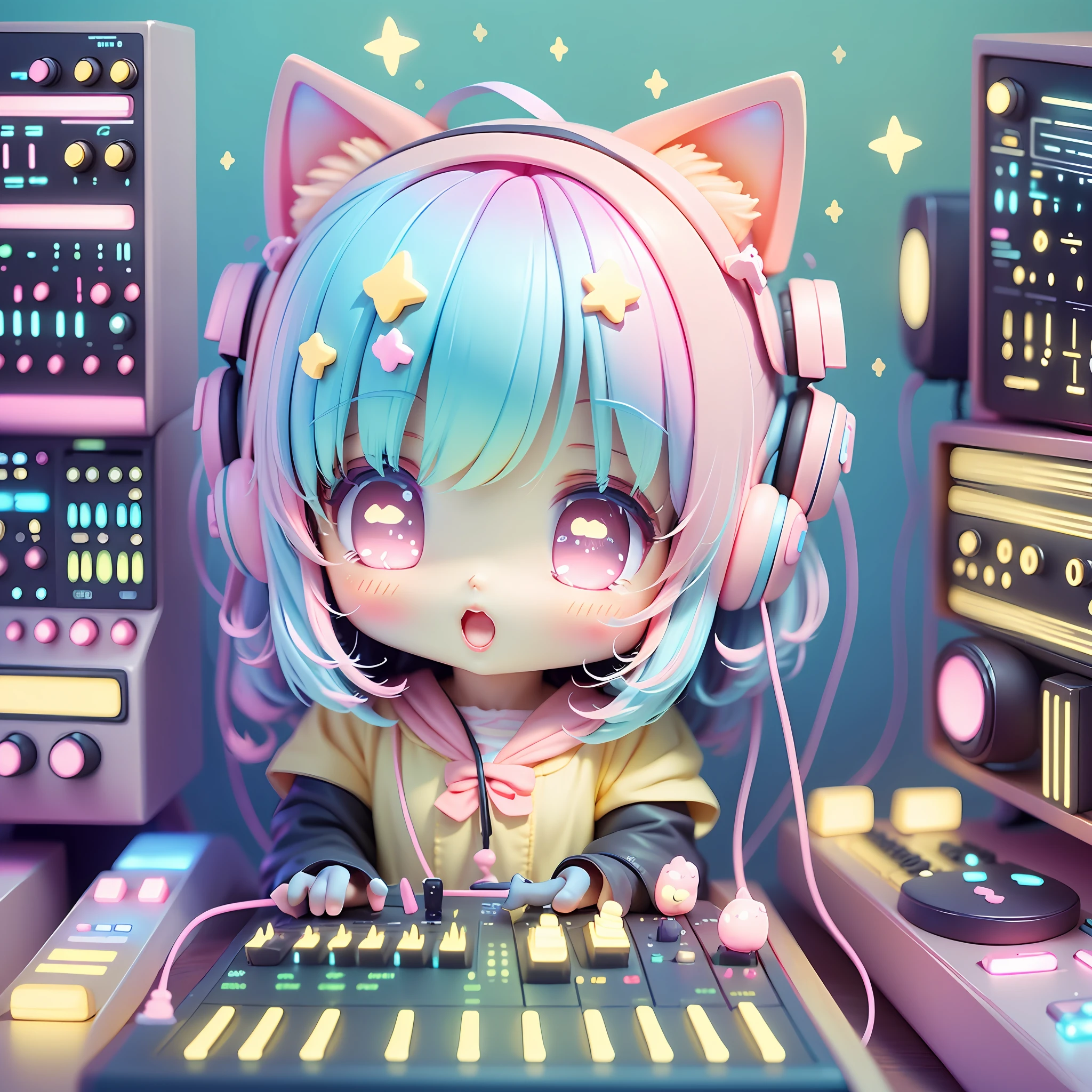 chibi playing synthesizer, kawaiitech, kawaii, cute, pastel colors, best quality, happy