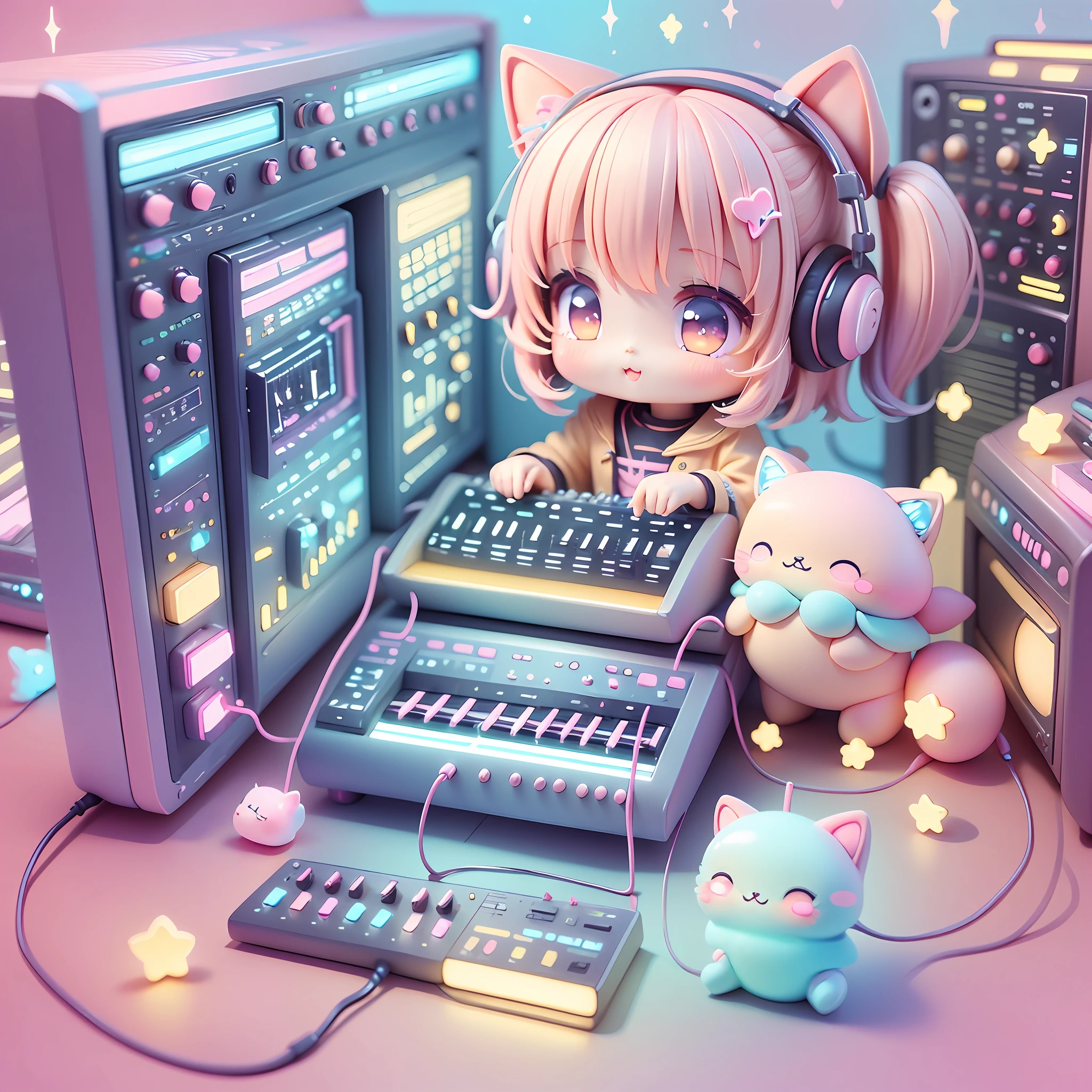 chibi playing synthesizer, kawaiitech, kawaii, cute, pastel colors, best quality, happy