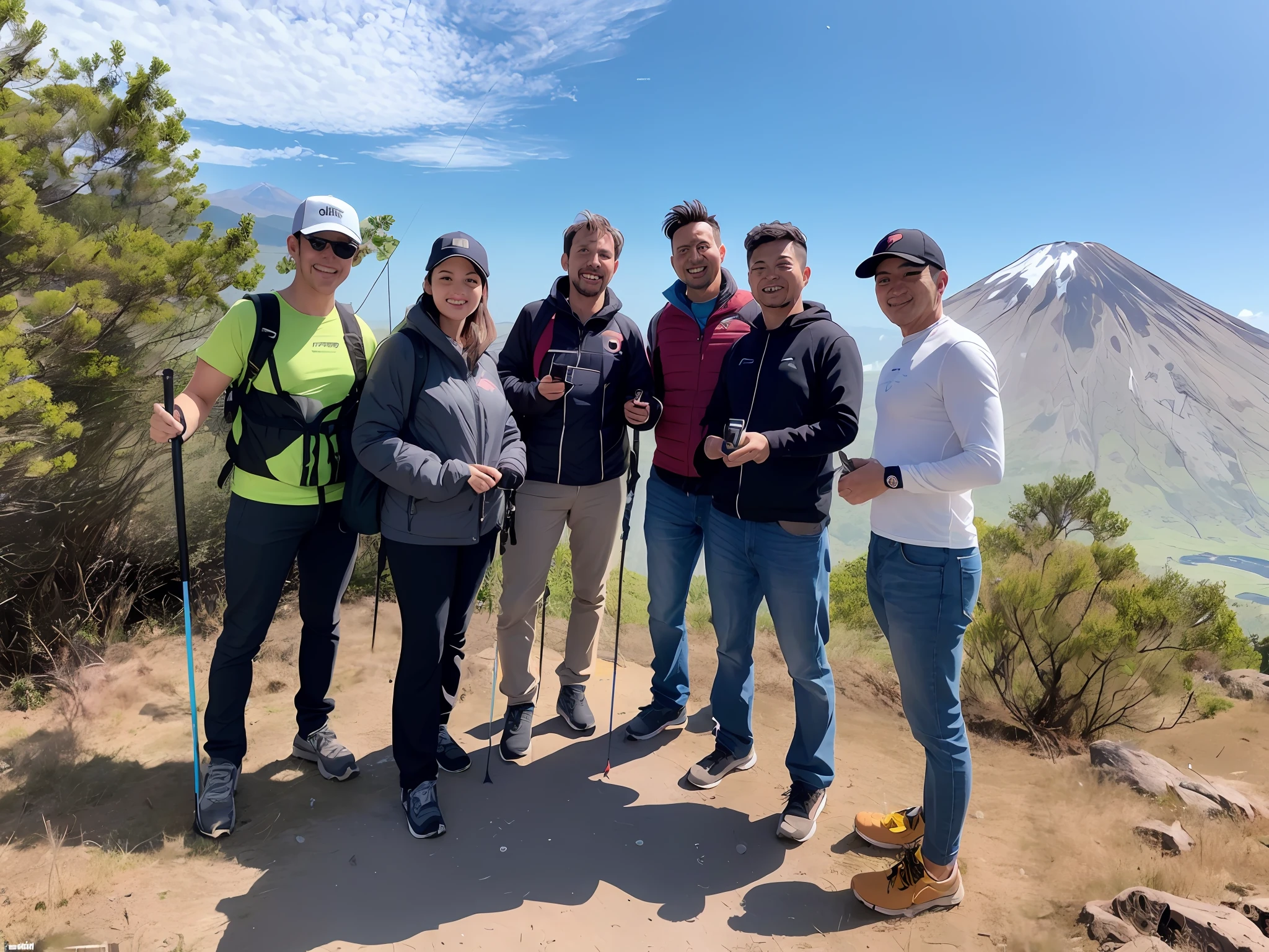 Several people stand on the mountain with trekking poles, Group photo, on deep forest peak, with many travelers, competition winning, wining, cheerfulness!!!, standing close to volcano, instagram post, pinging, 8K!, On top of it, shot on iphone, photore, 2 0 2 2 photo, Outdoor, with a brilliant