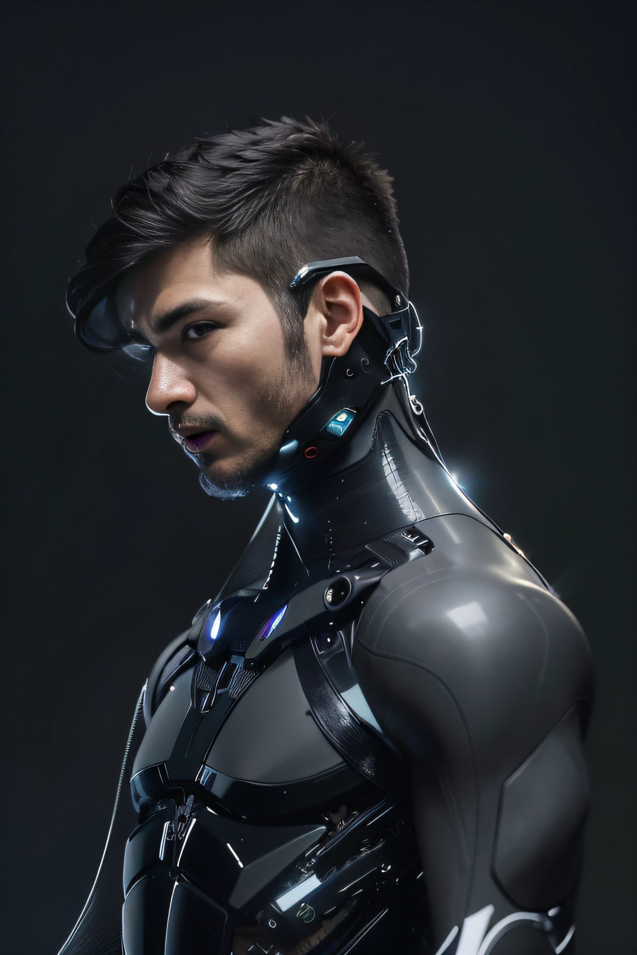 Arafede man in black latex suit,Metallic body, bionic scifi alexandre ferra, cyborg neck, cyborg male, male cyborg, cyborg fashion model, portrait of a cyborg, detailed portrait of a cyborg, cybernetic neck implant, portrait of a futuristic robot, dystopian sci-fi character, sci - fi character, portrait of a cyberpunk cyborg,8K,Extreme detail,Direct hair strands depicted,Hyper-realistic,Ultra photo realsisim,cinmatic lighting,Asian supermodel face,Strong muscles and perfectly curvy body