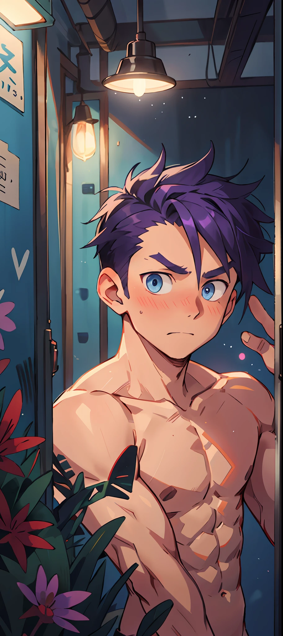 (tmasterpiece,Best quality at best,absurd res),1人,Naked boys,is shy,Be red in the face,Shy,musculous,Detailed eyes,nakeness,(nakeness),eBlue eyes,Bare topless,Upper body body,short blue-purple hair,(fluorescent light),(a color),((abstract backgrounds))