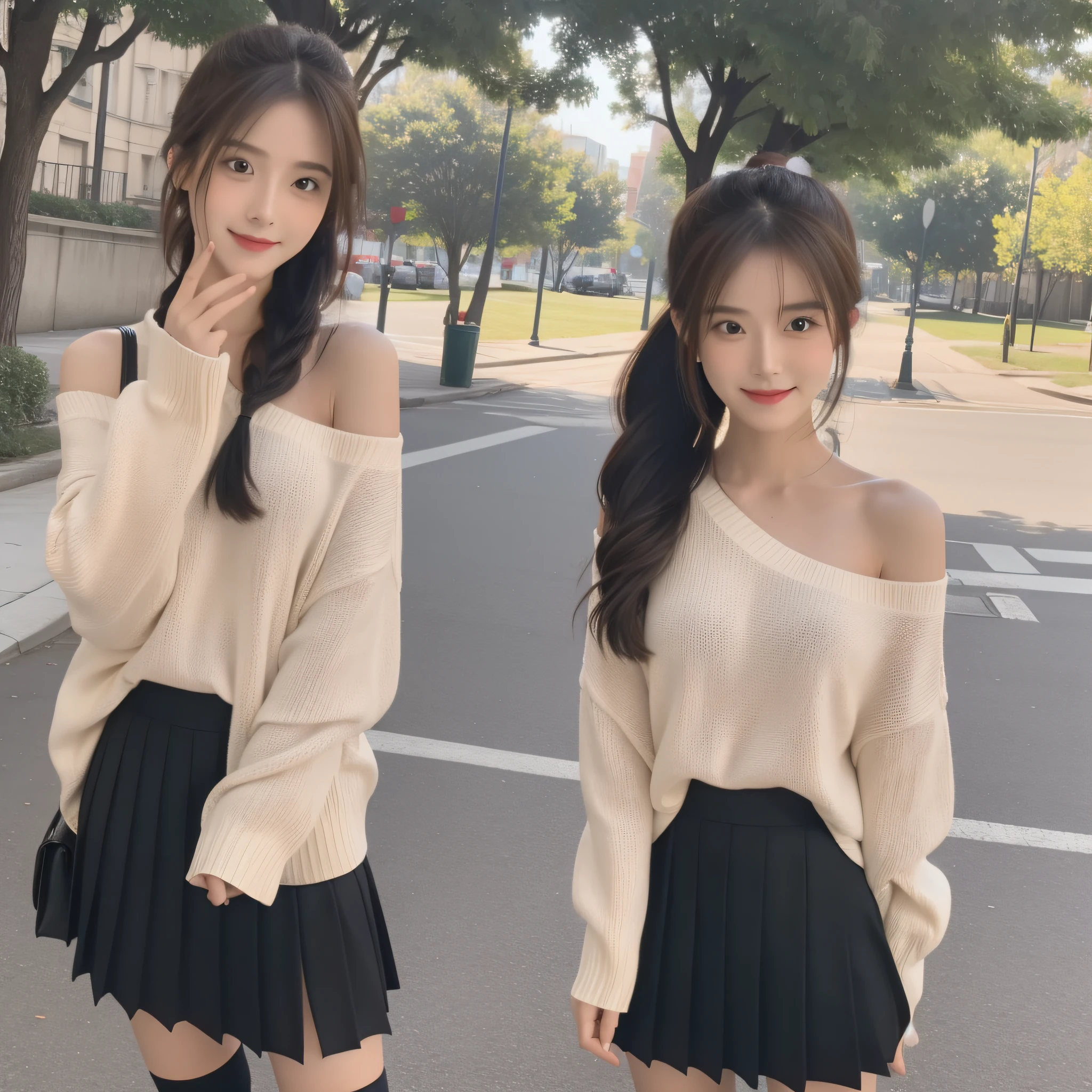 （true to life，Photorealistic 1.5）,((best qualtiy, 8K, tmasterpiece:1.3)), (二重まぶた，largeeyes:1.3),（smile1.5），（Full body photo 1.5）（One person 1.5）Clear focus 1.2, Perfect body beauty:1.4 , Delicate skin1.1，（Long brown hair 1.5），（Delicate facial features1.4），（Pure desire 1.3）(Black high socks 1.5)（double-ponytail，1.5），Black one-shoulder sweater，a black pleated skirt，Wear white gauze on the head，Slender legs，athletic sneakers，On the meadows full of flowers
