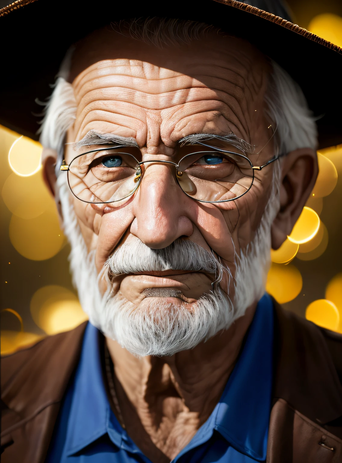 An epic close-up portrait of elderly people, e nariz com longa barba branca, emoldurado com um antigo capuz de linho branco esfarrapado desbotado, reflecting golden sparks in the irises of the eyes, sobrancelhas brancas, in the nighttime, lighting dramatic, Alto contraste, highes definition, hiper-realismo, Hiper realista, fotorrealista, alta resolução, Fotografia HDR, 8k