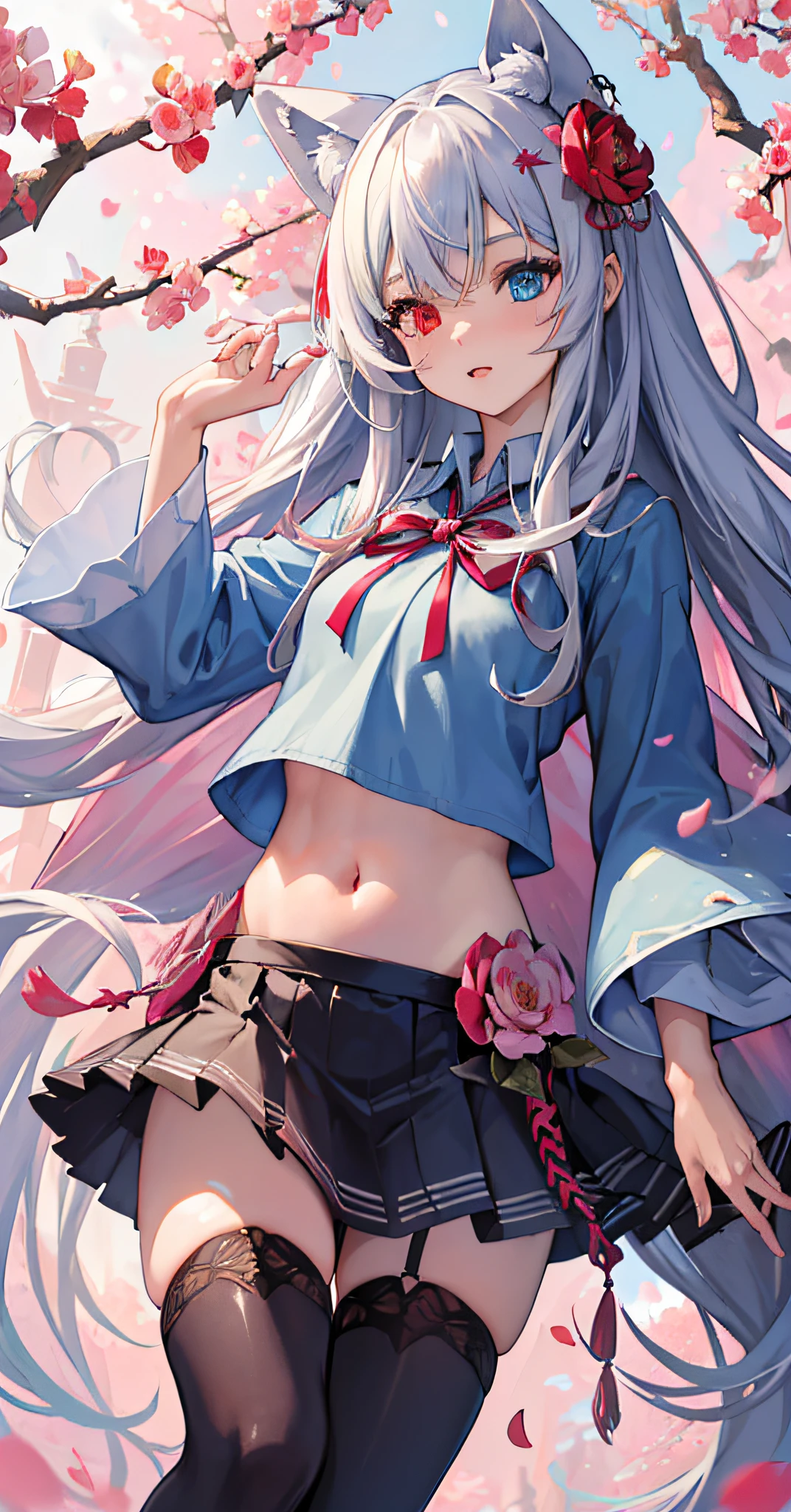 ((masterpiece)),((bestquality)),((officialart)),((extremelydetailedcgunity8kwallpaper)),(((petals))),(((heterochromia))),(((rosepetals))),(((flower))),(((fallingpetals))),(((navel))),(((thighhighs))),((rating:safe)),((hairornament)),((skirt)),((hairflower)),((redeyes)),(longhair),(cherryblossoms),(skirthold),(skirtbasket),1girl,absurdlylonghair,seaportprincess,bluesky,mediumbreasts,catears,japaneseclothes,