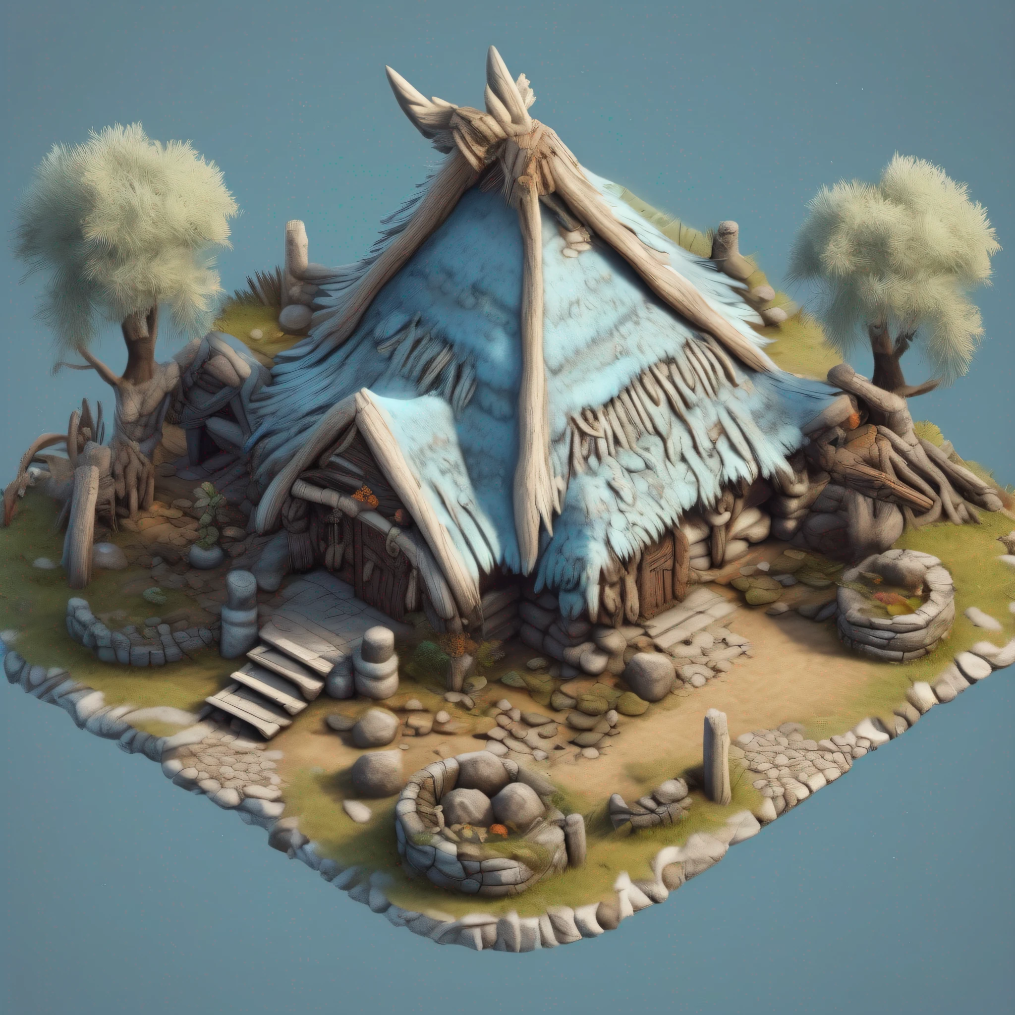 (Isometric house,Primitive tribal architectural design),Realisticstyle, Game architectural design,(Light blue circular roof,Animal skeletons,stone,wood, symmetrical outpost,Andrew's base),(Primitive barbarian style),Stone Age,Primordial period,(white backgrounid),Realistic photos, best detail, tmasterpiece, best qualtiy, 8K