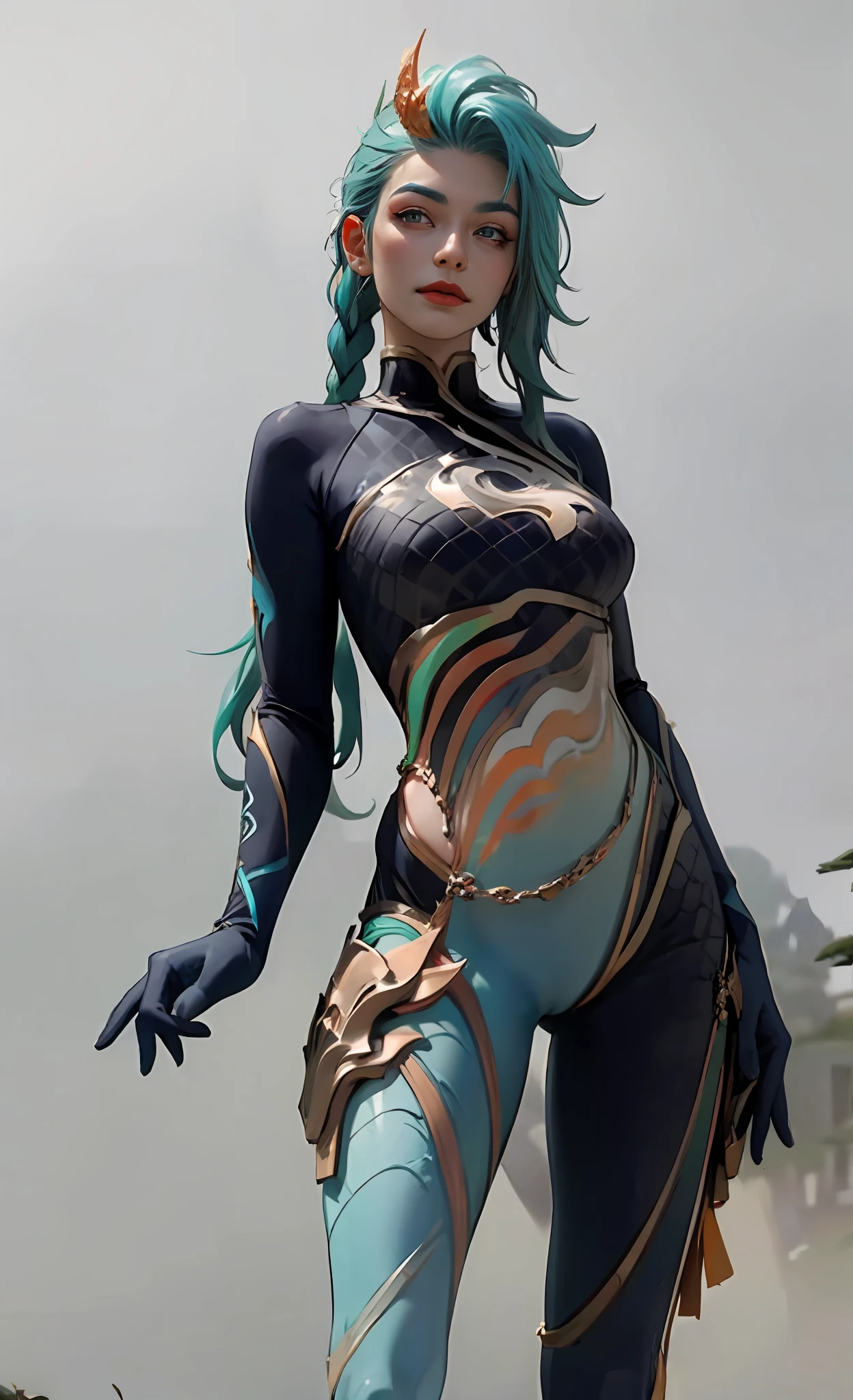 (The tall girl puts her hand in front of her and points to the side), combat pose, BREAK, (Dark background, Bamboo forest), (Slim_thights:1.3), ((big breastes)), Slender_thights, aqua hair, 1girl, 独奏, (Miniature body:1.4), generous cleavage, Posing, detailed anatomy, the perfect body, Detailed body, detailized face, Beautiful anatomical eyes. BREAK Kaisa Dragon Lagoon,  The BREAK is very detailed, Intricately detailed art, Artstation's Detailed Triadic Color Trend in Unreal Engine 5, 8K resolution, deviantart masterpiece.