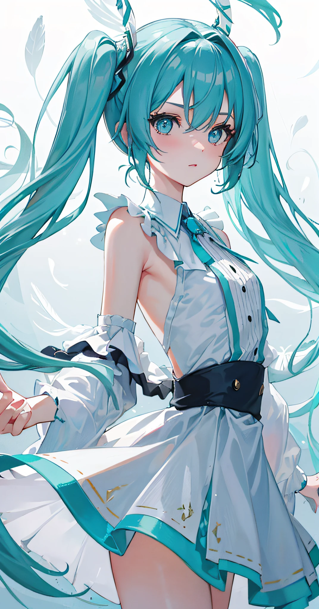 masterpiece,bestquality,(masterpiece),naturalforest,fog,depthoffield,(alotofwaterdropparticles),((alotofglowingparticles:)),(flying)white(feathers),sunlight,extremelydetailedbackground,amazing,extremelydelicateanddetailed,hatsunemiku,petite,smallbreasts,turquoiseeyes,turquoisehair,verylonghair,twintails,(messyhair:1.1025),alotofhair,floatinghair,extremelydetailedhair,extremelydetailedface,whitedress,extremelydelicateddress,lookatyou,(armsbehindback),(cowboyshot)
