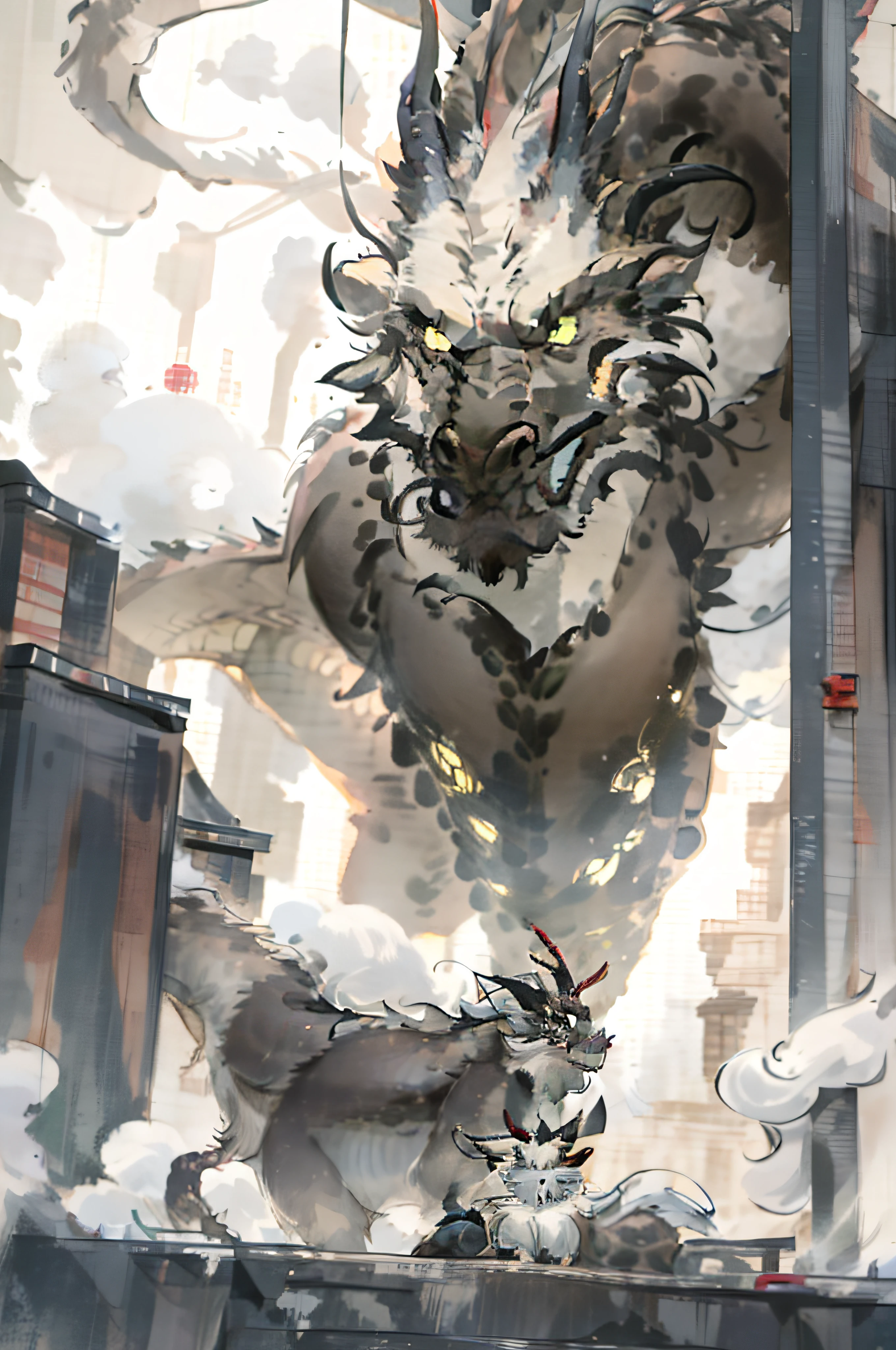 chinesedragon， drak， letterbox， halter， exteriors， The bird， standing on your feet， ​​clouds， 1boys， arma， from back， Skysky， mostly cloudy sky， Critters， holdingweapon， a Oriental Dragons， Ogre， 1other， bucket-hat， Mist，dragon claw，Traditional chinese painting