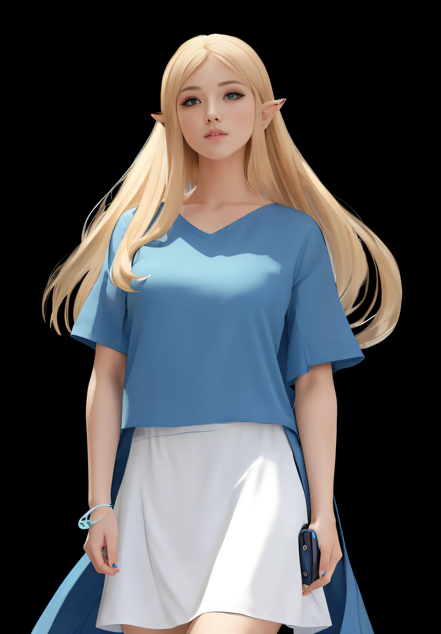 "Hyper-realistic, high-quality, 8K HD image of a striking blonde woman wearing a blue shirt."