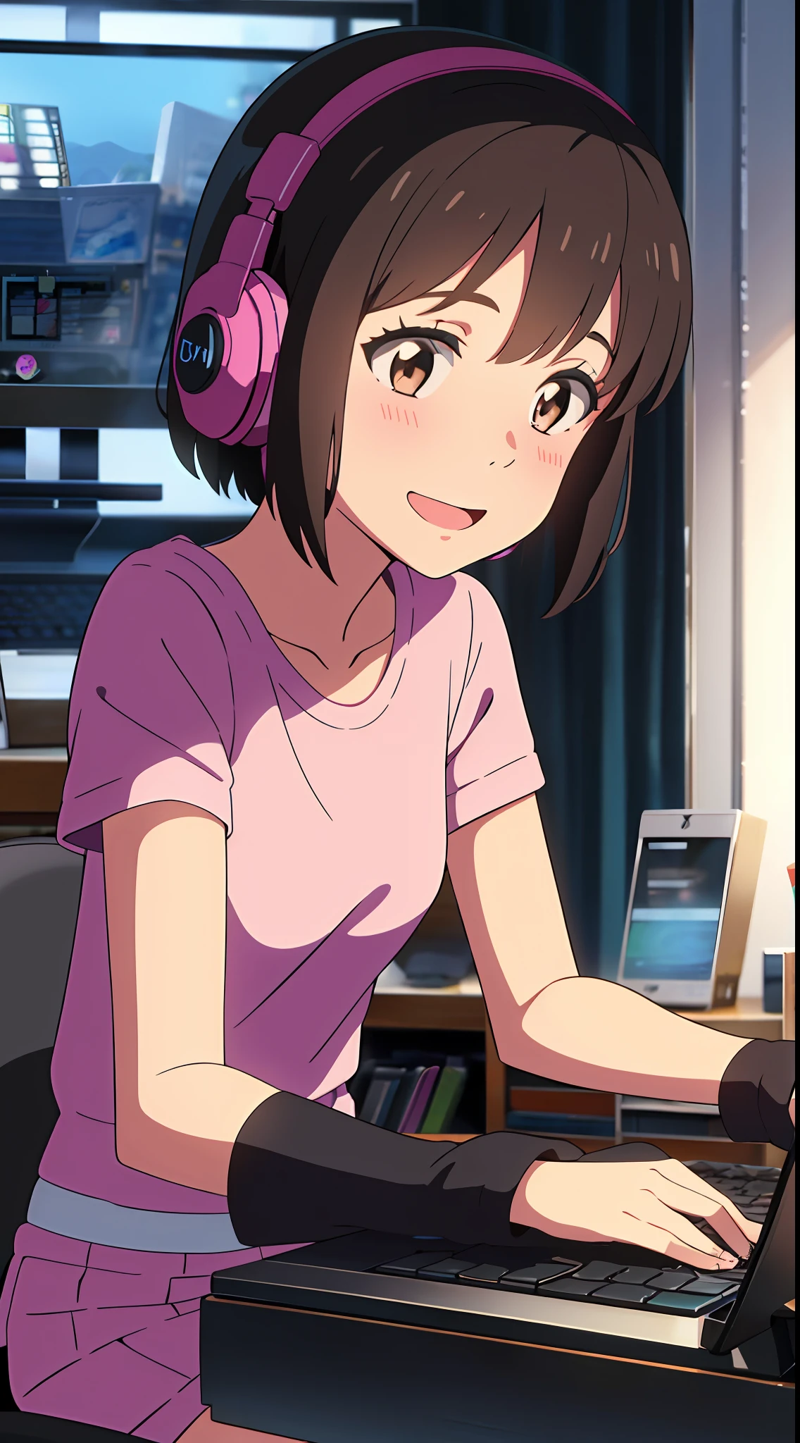 shinkai makoto, kimi no na wa., 1girl, bangs, black hair, blush, brown eyes, cloud, looking at the audience, t-shirt, short hair, night sky, smile, solo, open mouth, upper body, pink t-shirt, skirt, white skirt, girl playing video games, indoor, room, computer, keyboard, mouse, monitor, playing computer, chair, desk, lamp, clock, sitting, gaming, gaming platform, gaming pc, earmuffs