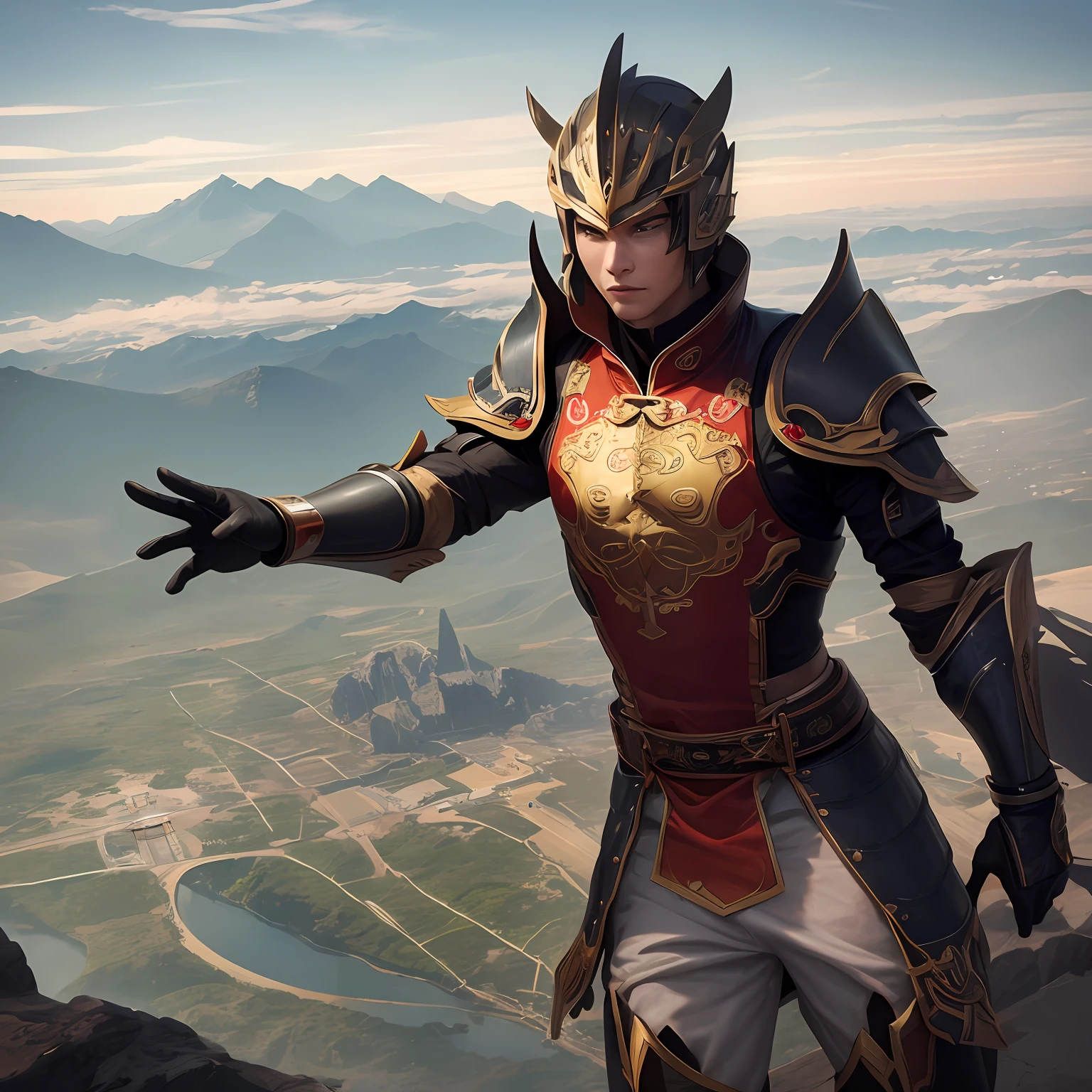 The boy dressed in Chinese wind mechanical armor stood on the mountain and soared into the universe --auto
