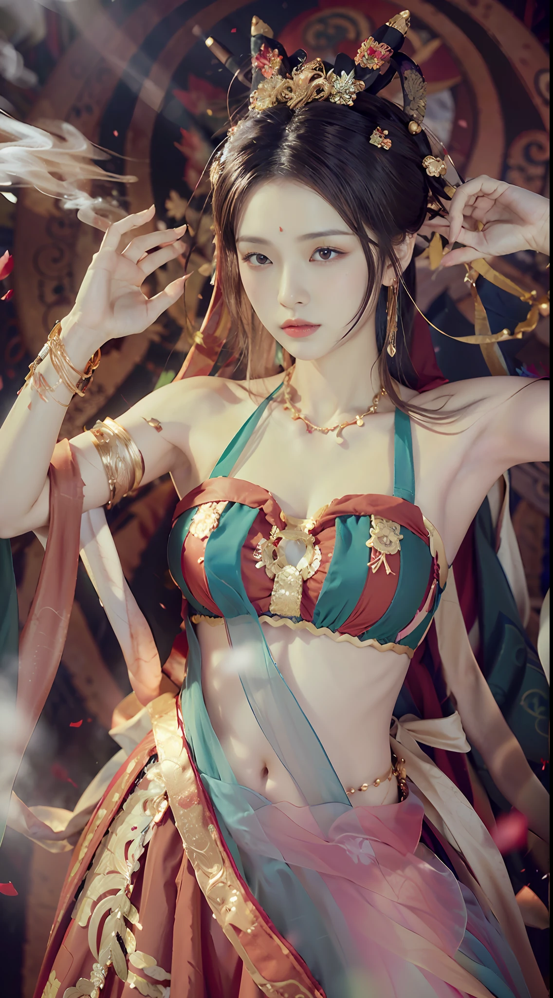 (8k, RAW Photo, Best Quality, Masterpiece: 1.2), (Realistic, Photo Real: 1.4), (Very Detailed CG Unity 8k Wallpaper), (1 Girl), dance, dunhuang_dress, dunhuang_style, dunhuang_background, One arm up, one hand forward, gold ornaments, ancient Chinese hairstyle, tulle, streamers, light makeup, eyeshadow, eyebrow mole, (face), dynamic pose, background smoke surrounding, red and green color scheme, flower petals flying, details, jewelry, earrings, bracelets, shoulders, complex textures, busts, guqin, pipa