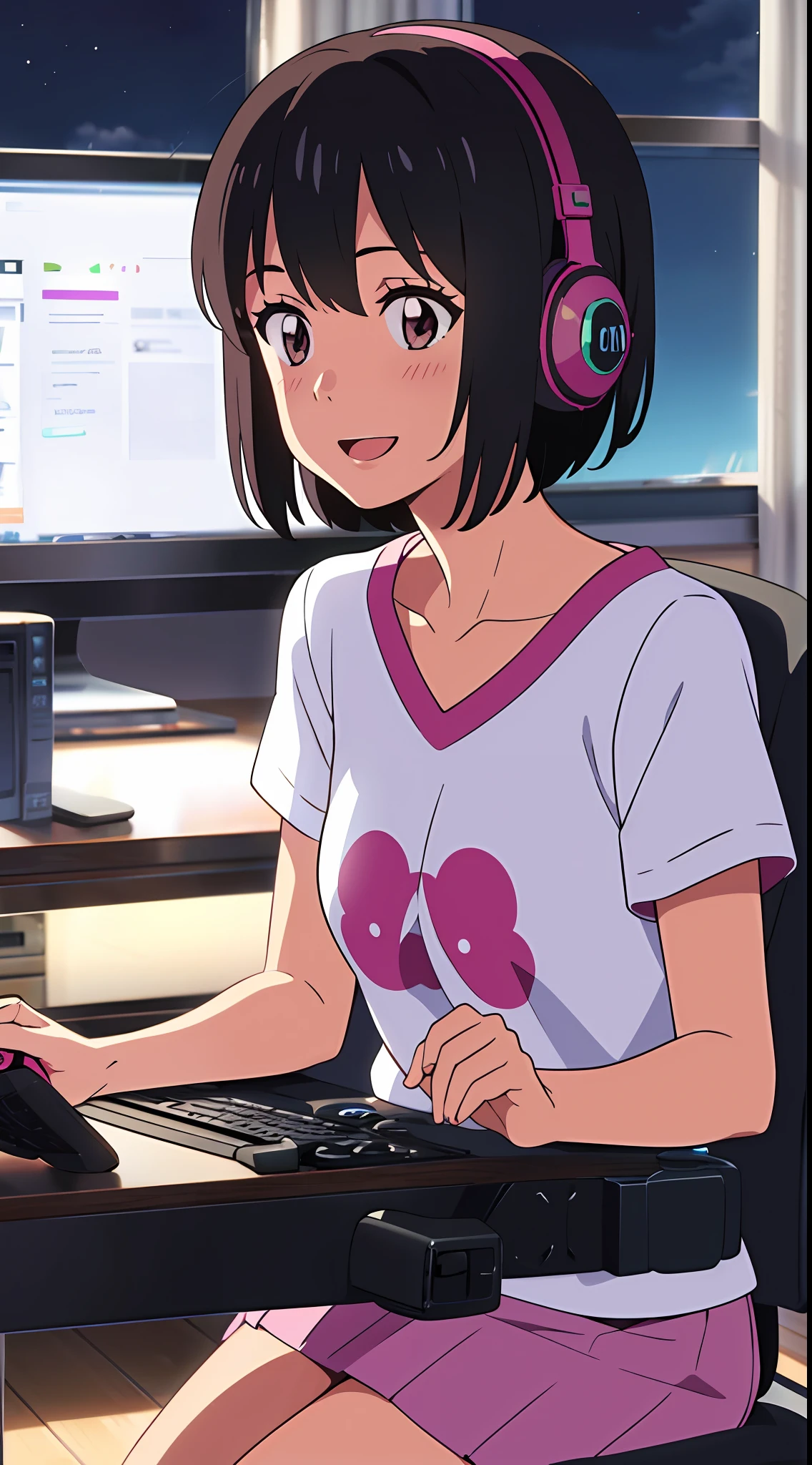 shinkai makoto, kimi no na wa., 1girl, bangs, black hair, blush, brown eyes, cloud, looking at the audience, t-shirt, short hair, night sky, smile, solo, open mouth, upper body, pink t-shirt, skirt, white skirt, girl playing video games, indoor, room, computer, keyboard, mouse, monitor, playing computer, chair, desk, lamp, clock, sitting, gaming, gaming platform, gaming pc, earmuffs