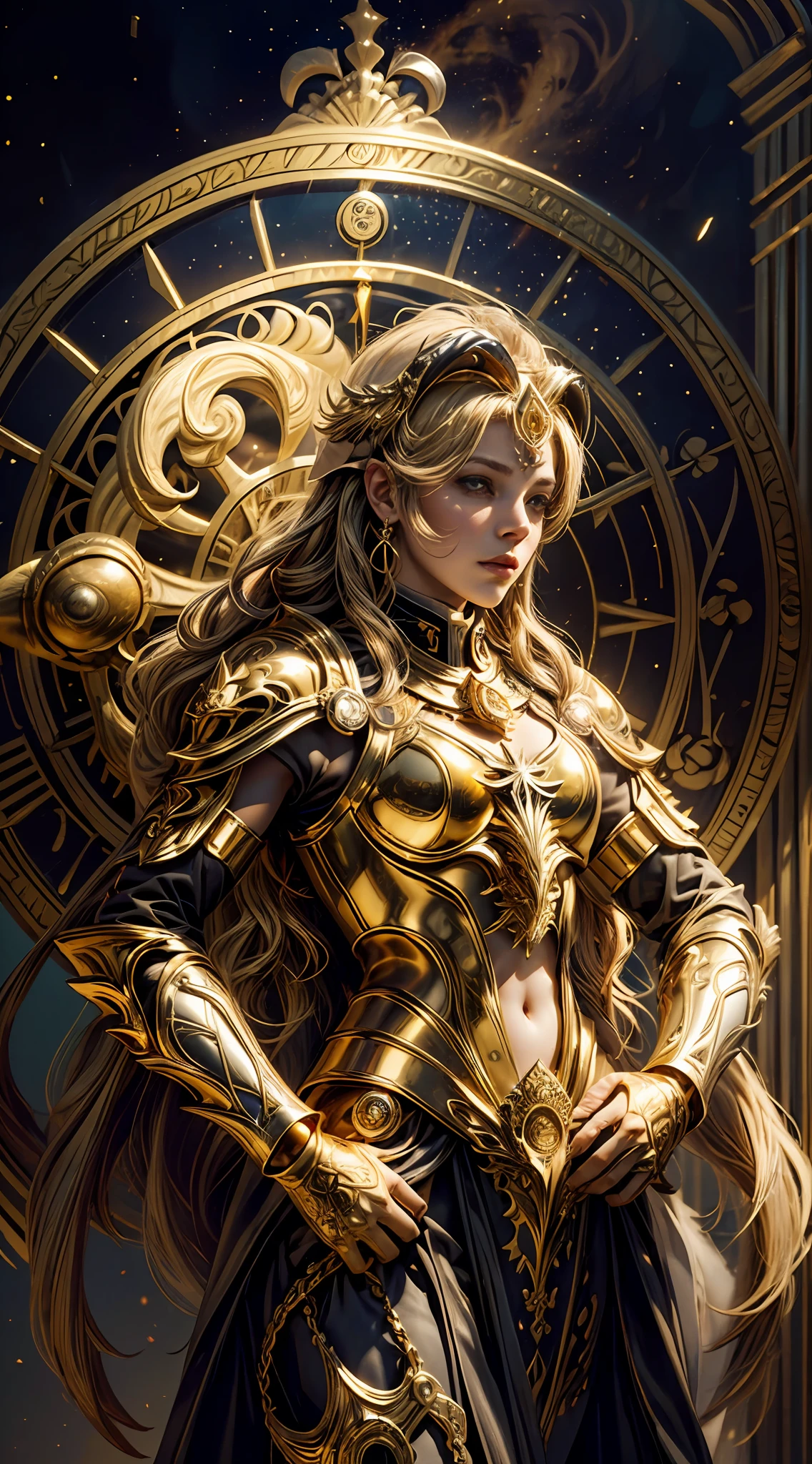 (Magical golden Aries astrolabe:1.2),(anatomy correct:1.5),Solo,1 female warrior wearing sheep-patterned armor,(Helmet in the shape of a golden sheep's head),3Drenderingof,extremely detaile, Cinematic lighting effects,4K,Masterpiece,offcial art