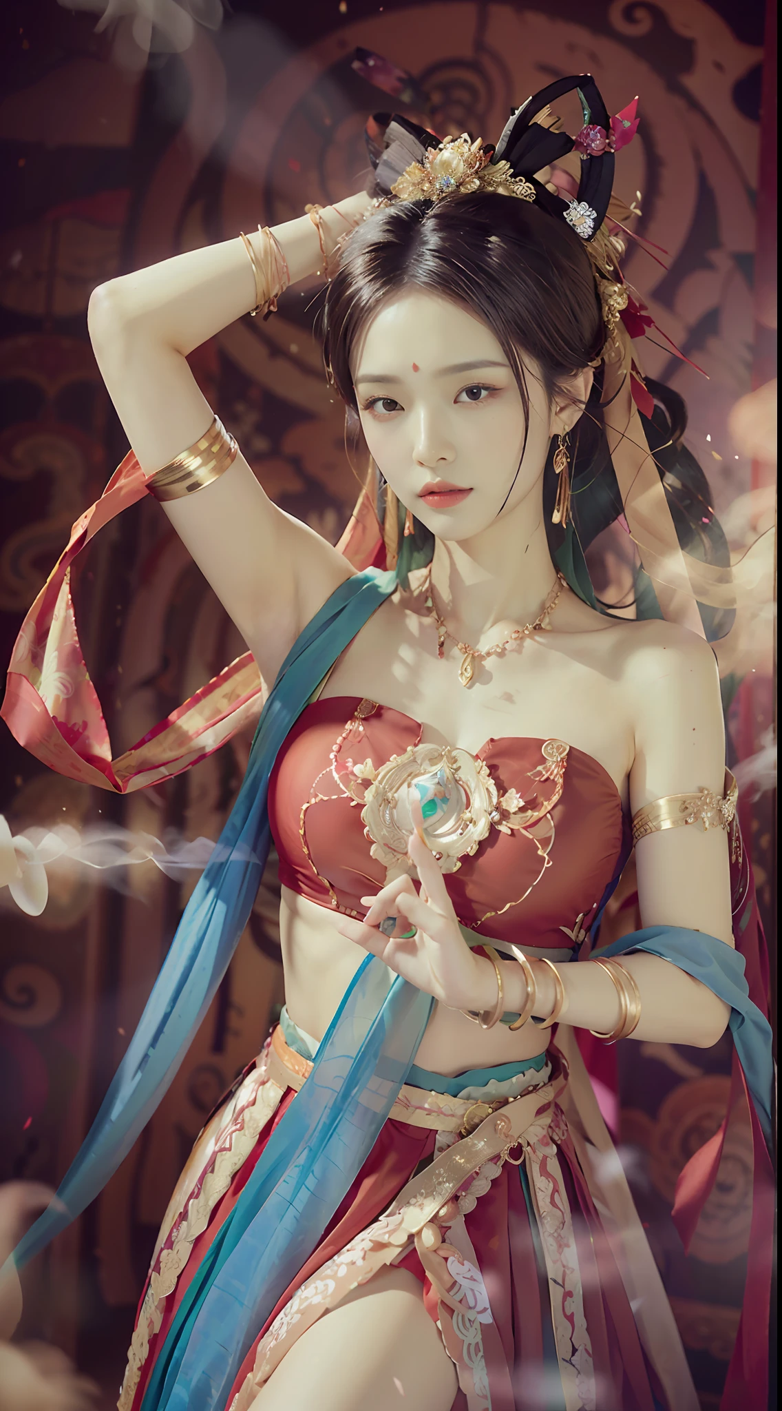 (8k, RAW Photo, Best Quality, Masterpiece: 1.2), (Realistic, Photo Real: 1.4), (Very Detailed CG Unity 8k Wallpaper), (1 Girl), dance, dunhuang_dress, dunhuang_style, dunhuang_background, One arm up, one hand forward, gold ornaments, ancient Chinese hairstyle, tulle, streamers, light makeup, eyeshadow, eyebrow mole, (face), dynamic pose, background smoke surrounding, red and green color scheme, flower petals flying, details, jewelry, earrings, bracelets, shoulders, complex textures, busts, guqin, pipa