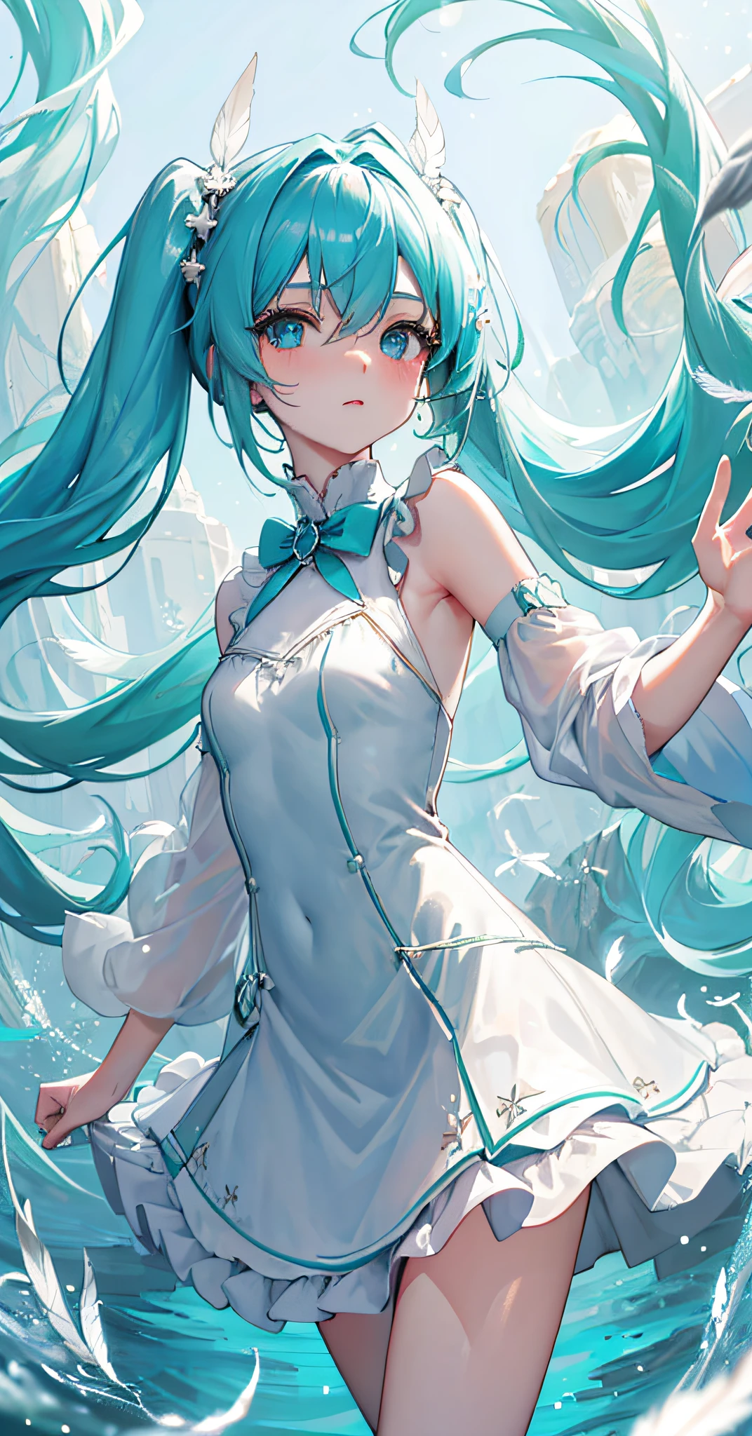 masterpiece,bestquality,(masterpiece),naturalforest,fog,depthoffield,(alotofwaterdropparticles),((alotofglowingparticles:)),(flying)white(feathers),sunlight,extremelydetailedbackground,amazing,extremelydelicateanddetailed,hatsunemiku,petite,smallbreasts,turquoiseeyes,turquoisehair,verylonghair,twintails,(messyhair:1.1025),alotofhair,floatinghair,extremelydetailedhair,extremelydetailedface,whitedress,extremelydelicateddress,lookatyou,(armsbehindback),(cowboyshot)