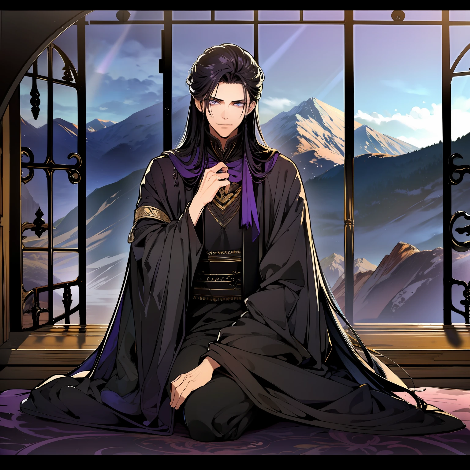 4K，Complicated details，HighestQuali，A man in a robe sits alone on the edge of a cliff，looking at the distance，The tone suppresses sadness，deep colour，black in color，Deep black，purpleish color，Mountains and mountains。magia，The feeling of loneliness，repression，Tattered tunic，the scars，Quaint，nigth，Men have flowers on their heads，tmasterpiece，The background is burning ruins