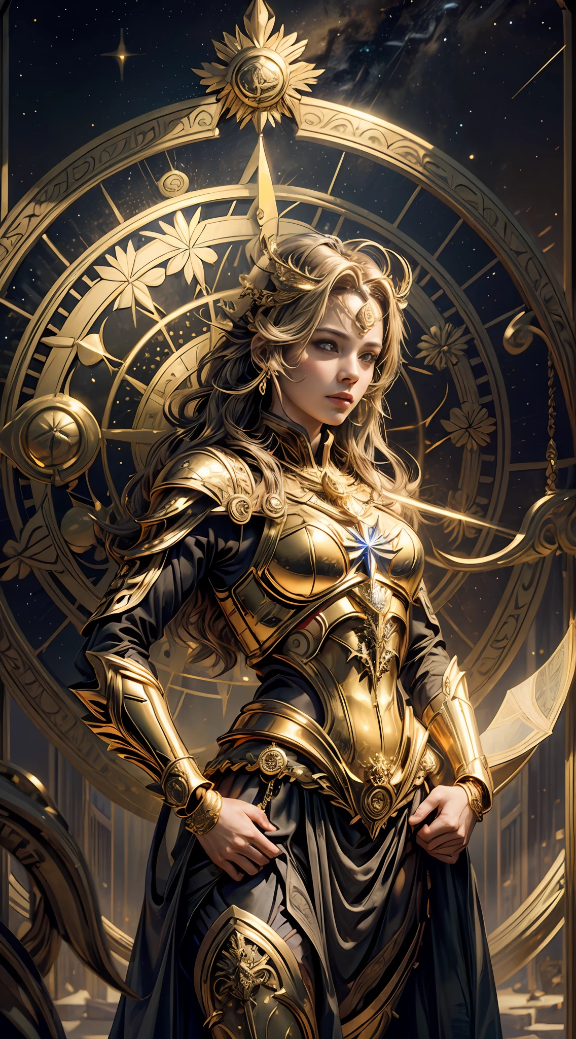 (Magical golden Virgo astrolabe:1.2),(anatomy correct:1.5),Solo,1 female warrior in patterned armor,(Helmet in the shape of a golden flower),3Drenderingof,extremely detaile, Cinematic lighting effects,4K,Masterpiece,offcial art
