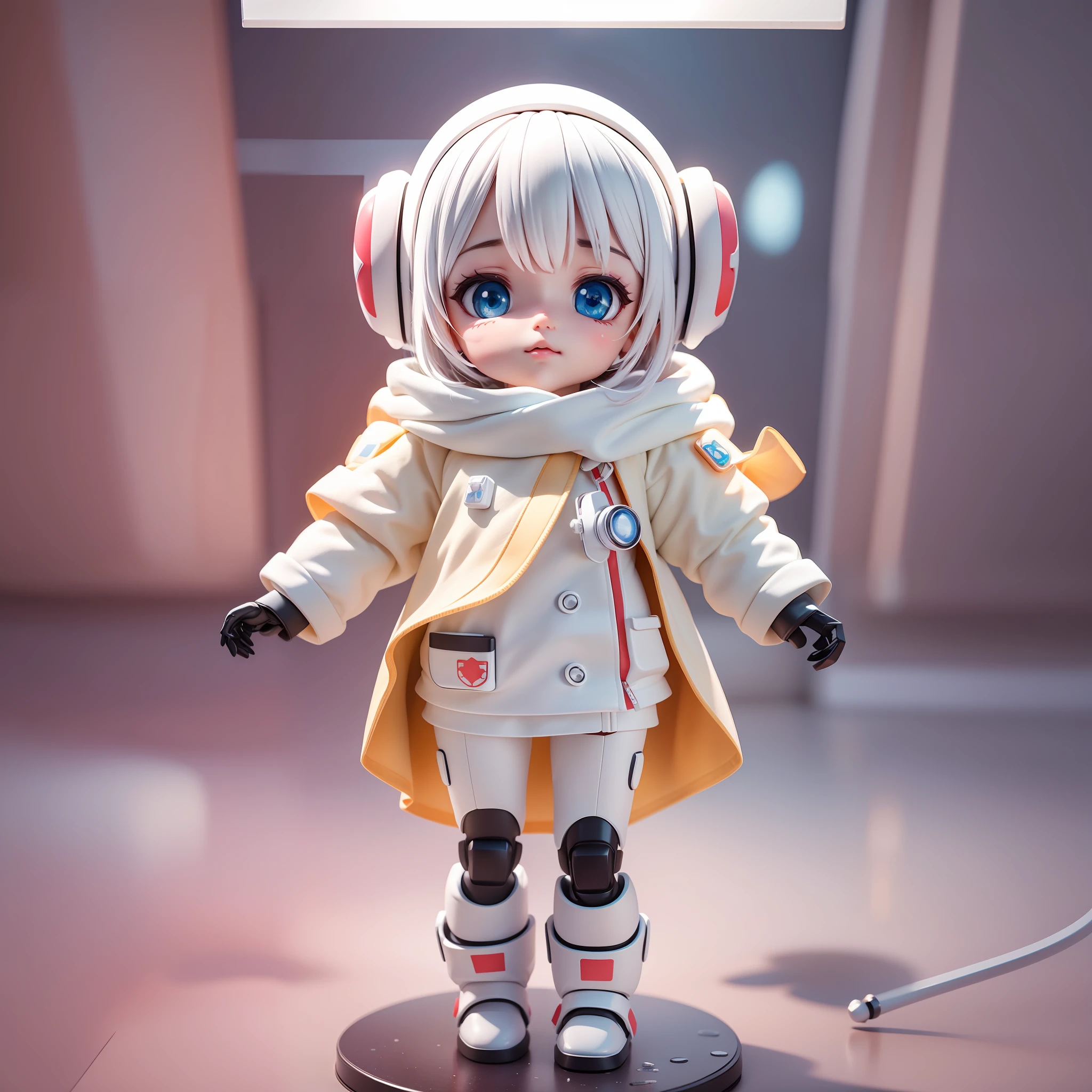 Super cute big white image, Wear a white coat,short white pants,Big watery eyes,Delicate and soft skin,Full body photo,Clean and bright hospital background,Dreamy, excited, Super cute robot Big White lP by pop Mart, High detail, hyper qualit, Bright color, mockup blind box toy, Disney style, delicate glow,a 3D render, OC Render, Best quality, 8K, Bright, Front,lighting, Face shot, delicate glow,