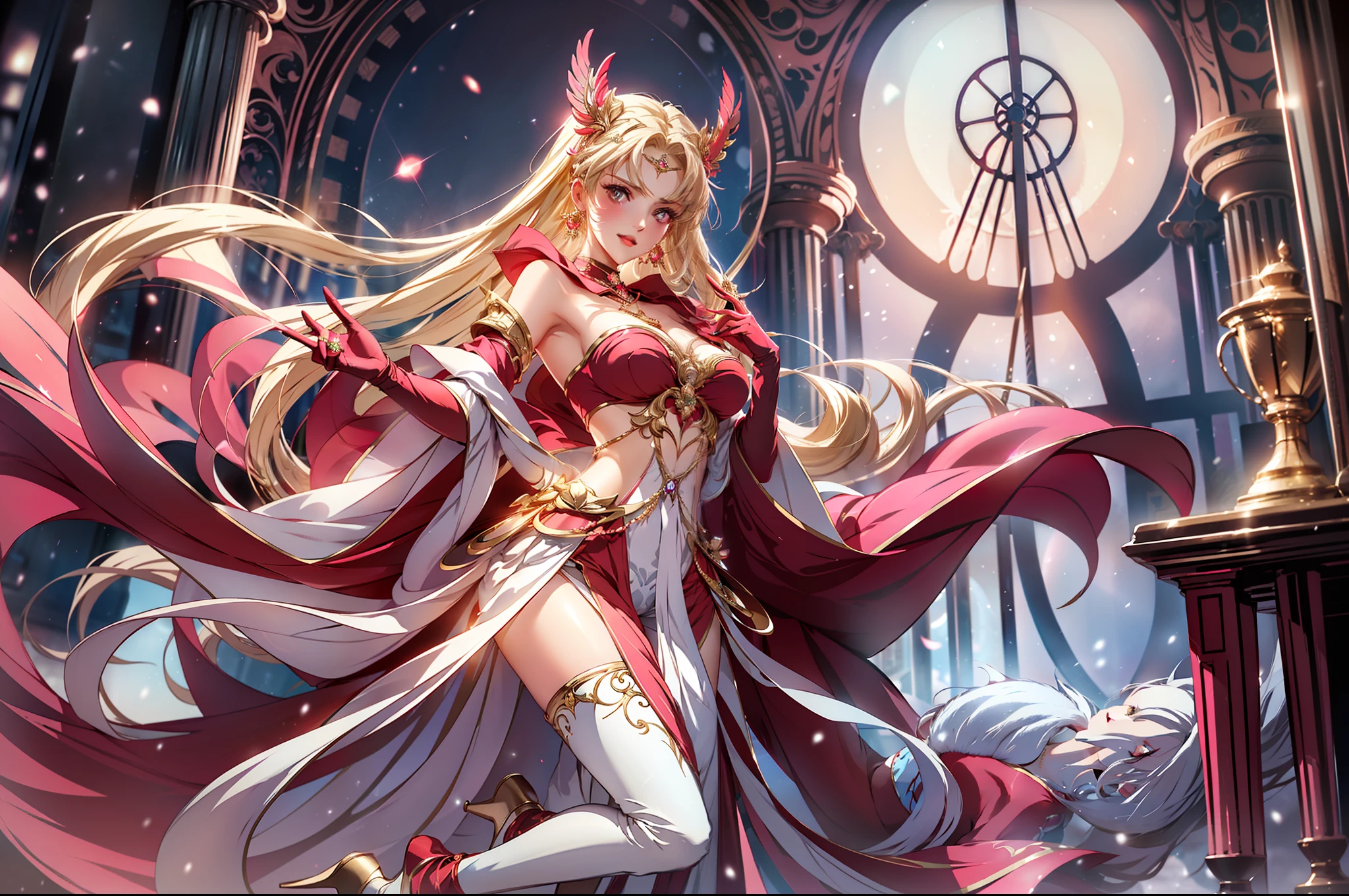 1female ,Beauty makes people look seductive ,Around 25 years old,Seductive eyes , (Extremely high level of makeup ,Pink eyeshadow) ,(Long flowing hair) ,Wear gorgeous open-waisted dresses,Snow-white fur shawl,Nice navel,jewel embellishment,Red delicate high heels,Long-legged stockings,Tighten your pants,Fingerless gloves,Nice fingers((Correct fingers),(Normal human hands,Consistent with human dissection),(Slender fingers) )(Red manicurs sparkle),Full body photo