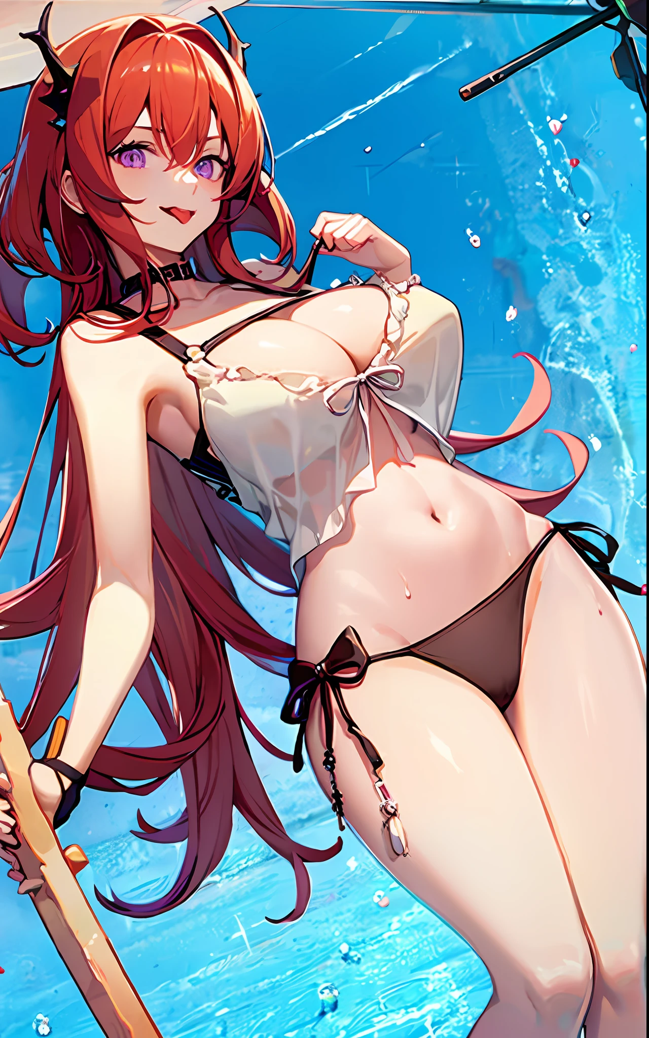 Anime girl in bikini with umbrella and bow in pool, swimsuit, Pisif, at pixiv, rias gremory, bathing suit, seductive anime girls, Sling bikini, Attire: Bikini, Pisif 3DCG, Highest rated on Pisif, Pisif Contest Champion, Bikini. background of hell. gore, Pisif daily ranking, in a bikini
