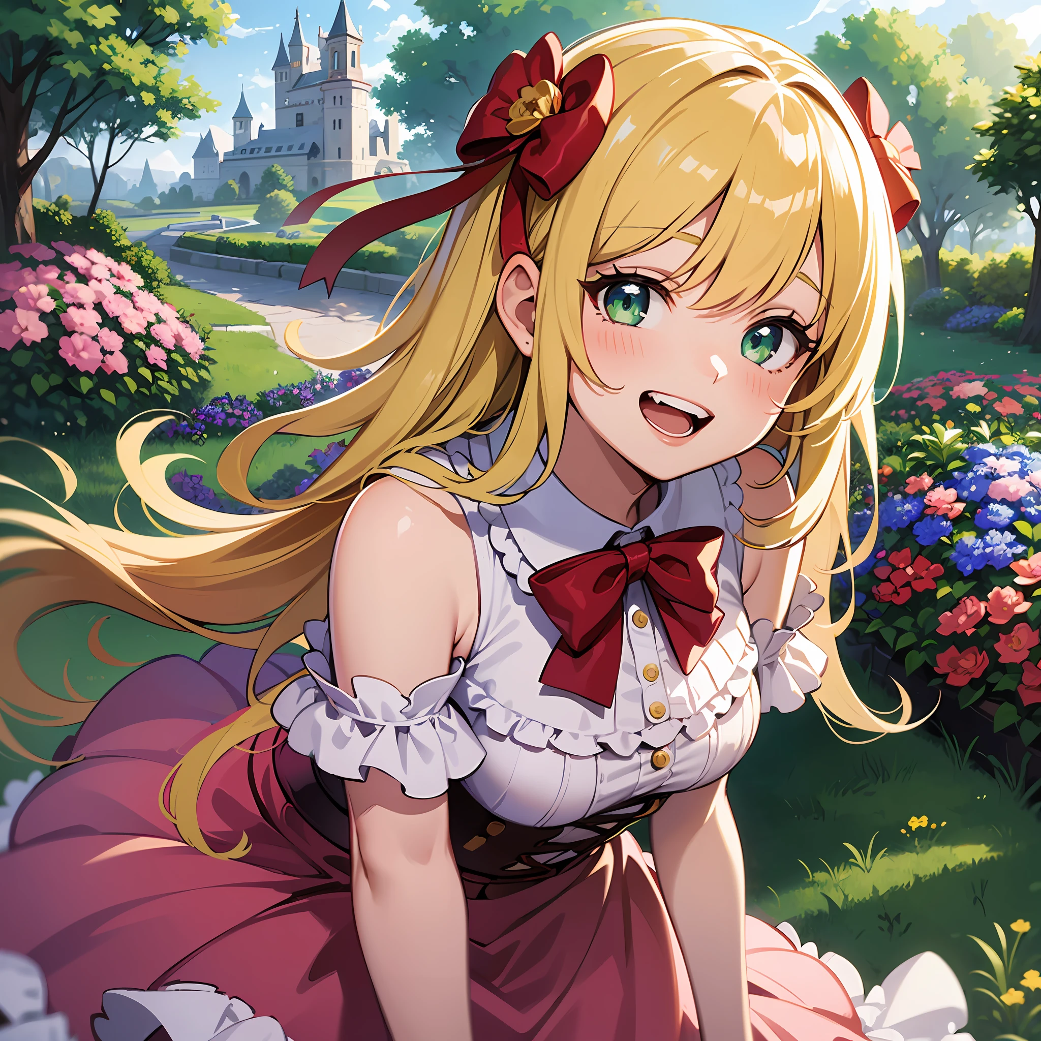 (masterpiece:1.3), (best quality:1.3), high resolution, 


couboy shot, 
leaning forward, body facing forward, 

(one cute girl:1.3), solo, 
white skin, small Breast, eight-headed person, 
light yellow hair, long hair, red ribbon, fluffy hair, beautiful hair, green eyes, beautiful detailed eyes, 

open mouth, grin, cheerful smile, 

frilled dress, pink dresses, shortcake, 

outdoors, flower garden, natural park, castle, 

shadowlighting,