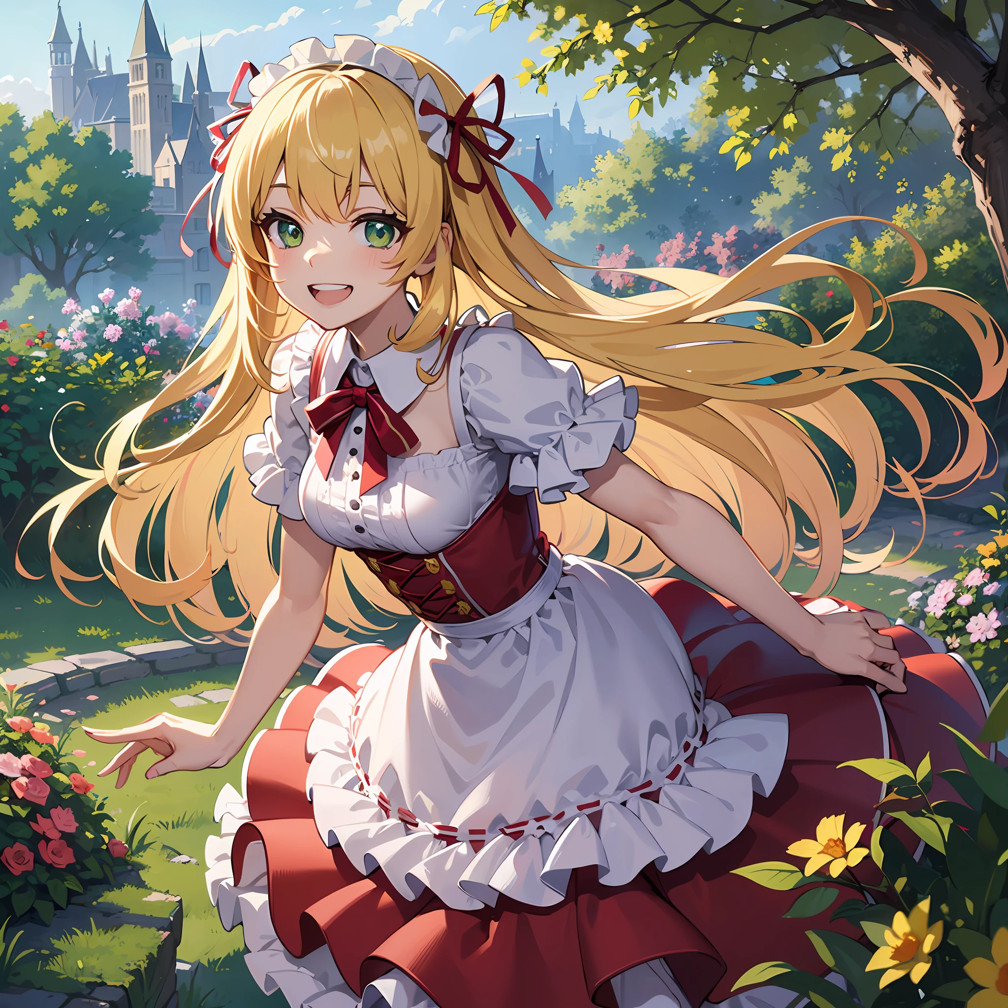(masterpiece:1.3), (best quality:1.3), high resolution,
couboy shot,
leaning forward, body facing forward,
(one cute girl:1.3), solo,
white skin, small Breast, eight-headed person,
light yellow hair, long hair, red ribbon, fluffy hair, beautiful hair, green eyes, beautiful detailed eyes,
open mouth, grin, cheerful smile,
frilled dress, pink dresses, shortcake,
outdoors, flower garden, natural park, castle,
shadowlighting,