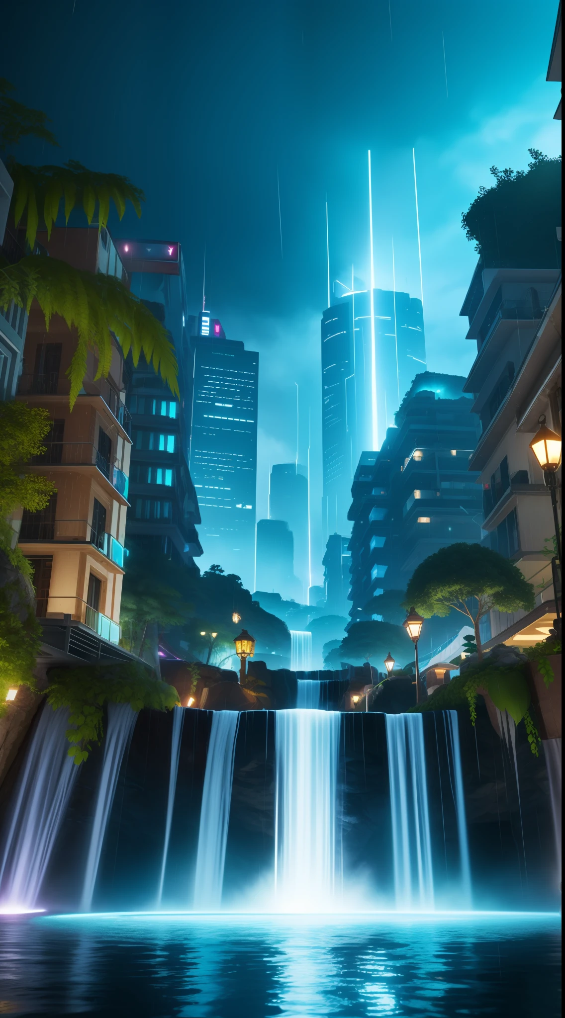 Automated cyan themed city, super vibrant,  extremely detailed, photorealistic, in a jungle, 8k, raining, has super detailed cyan themed robots, has practical super detailed cybernetic power generating mountains, high  res, dslr, with fountain flowing cyan tthemed radiating water, technologically advanced city, pop out of black background,  cyan lightning sparking out