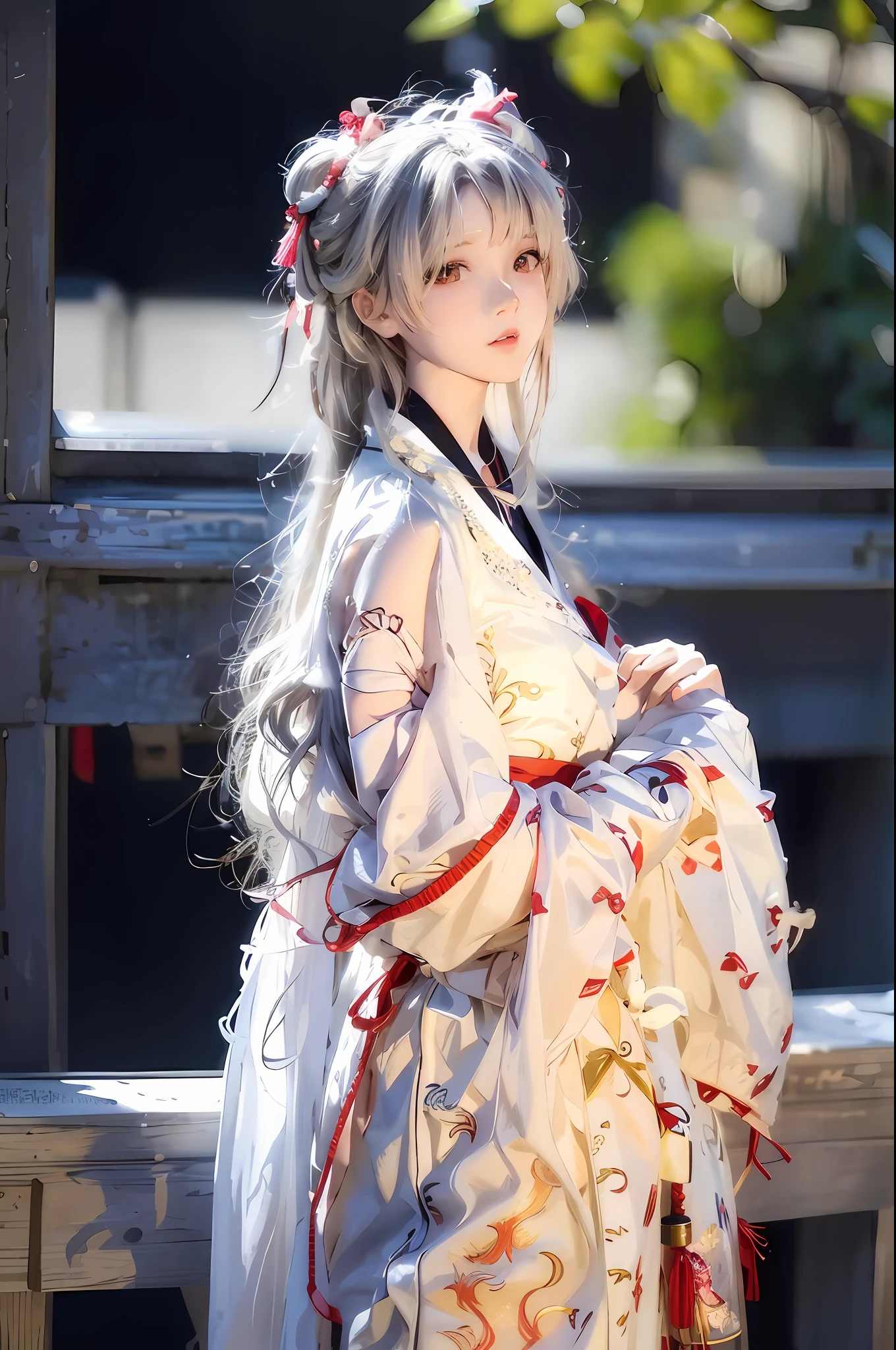 there is a woman in a kimono dress posing for a picture, White Hanfu, flowing hair and long robes, Hanfu, Palace , A girl in Hanfu, Japanese clothes, Anime girl cosplay, japanese-inspired, Anime cosplay, long white hair, Japanese kimono, white hime cut hairstyle, komono, with long white hair, dressed with long fluent clothes