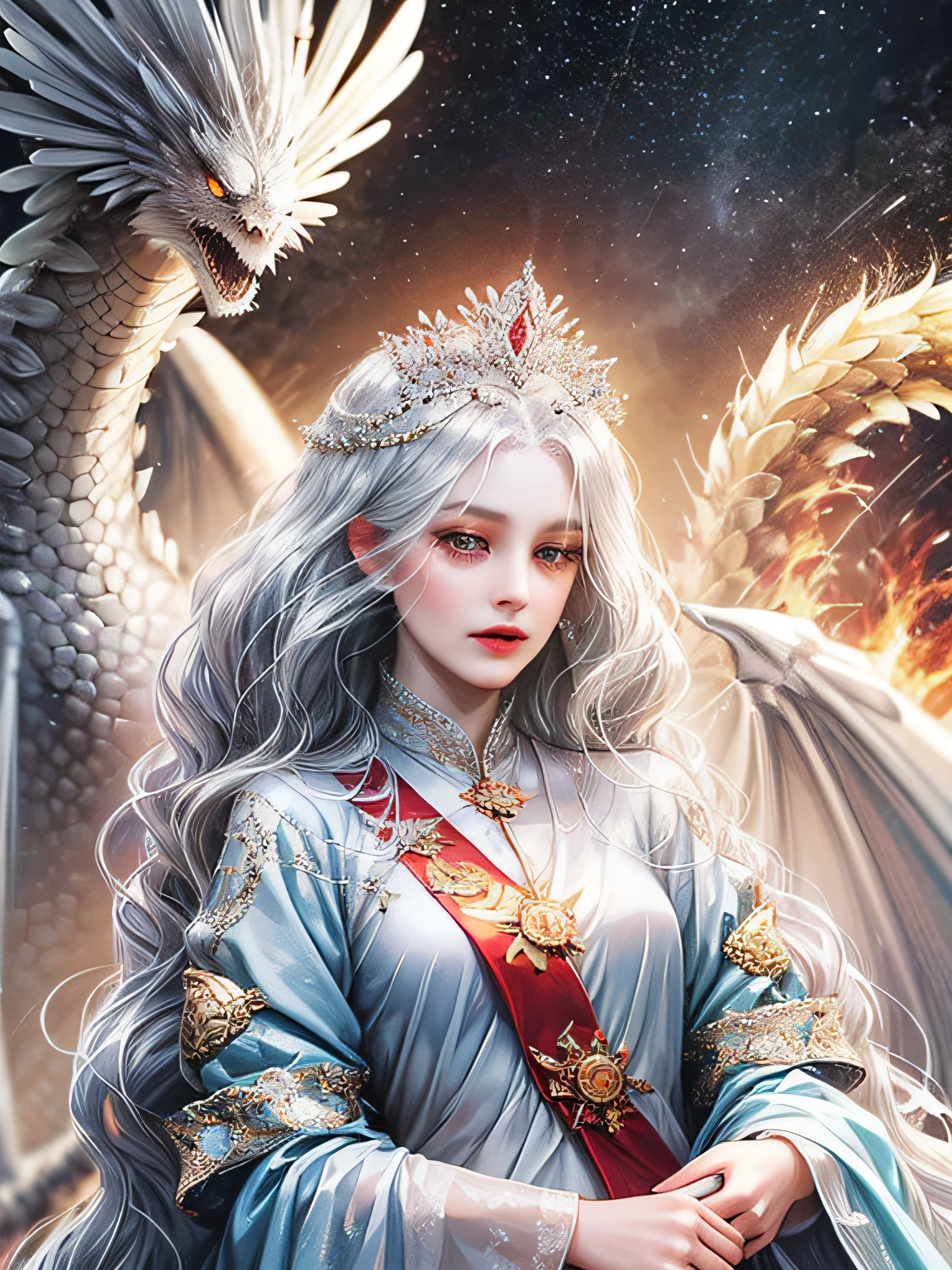 woman，Long white hair，tiara crown，Dragon and phoenix coat，white backgrounid， --auto