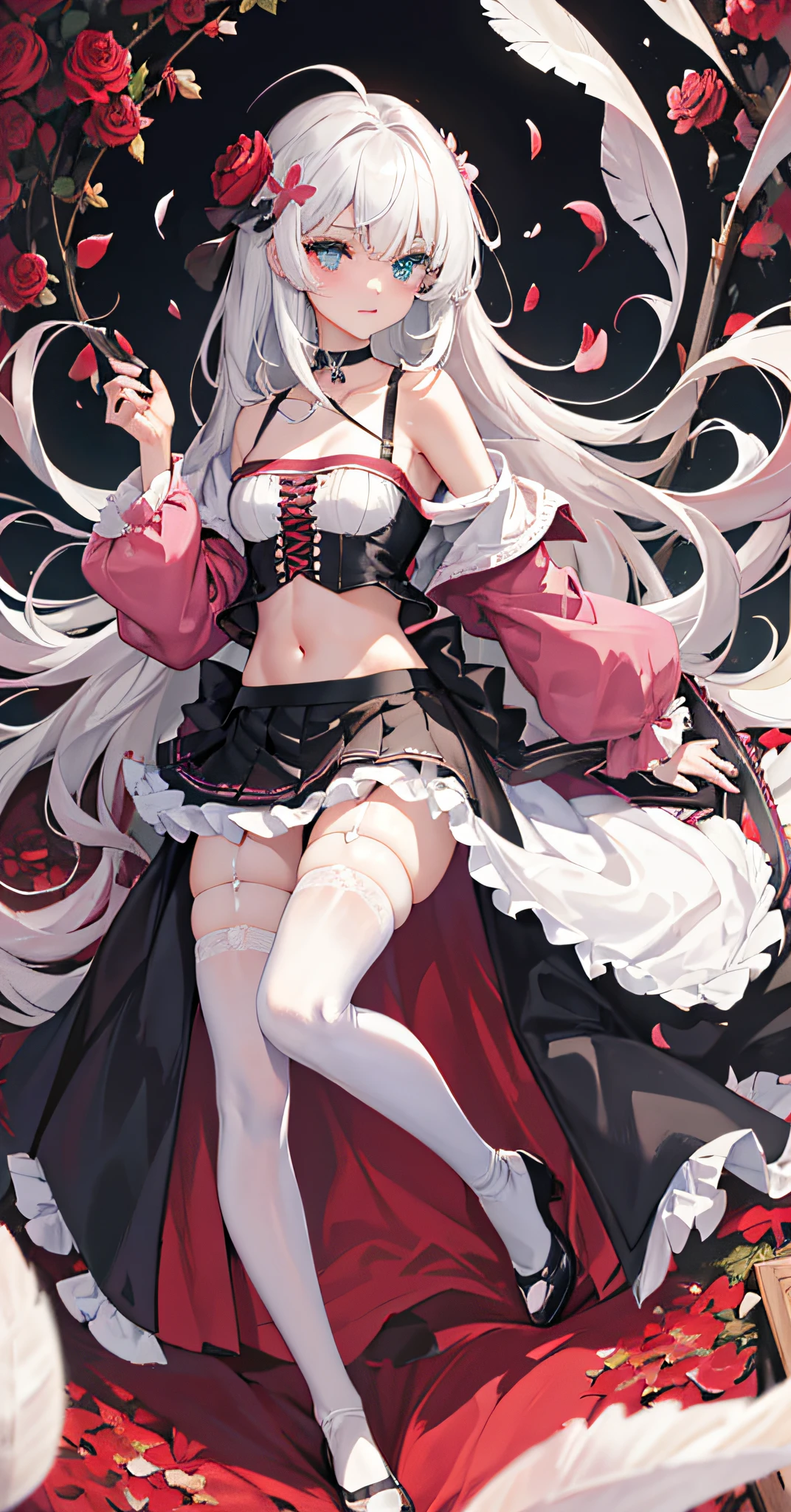 ((masterpiece)),((bestquality)),((officialart)),((extremelydetailedcgunity8kwallpaper)),(((petals))),(((heterochromia))),(((rosepetals))),(((flower))),(((fallingpetals))),(((navel))),(((thighhighs))),((rating:safe)),((hairornament)),((skirt)),((hairflower)),((redeyes)),(longhair),(cherryblossoms),(skirthold),(skirtbasket),(petalsonliquid),(thighstrap),(rose),(1girl),(solo),(pinkflower),(confetti),(shoes),verylonghair,lookingatviewer,whitelegwear,silverhair,clotheslift,ahoge,collarbone,stomach,liftedbyself,whiteskirt,gradient,choker,standing,bareshoulders,breasts,gradientbackground,skirtlift,feathers,midriff,fullbody,fallingleaves,bangs,closedmouth,greybackground,shirt,pinkrose,longsleeves,hairbetweeneyes,blackchoker,pleatedskirt,whitedress,smallbreasts,leavesinwind,greeneyes,wind,ribbon,skindentation,animal,blackfootwear,whiteflower,croptop,blueeyes,thighs,whiteshirt,offshoulder,detailed,{masterpiece},extremelydetailedcgunity8kwallpaper,illustration,absurdres,bestquality