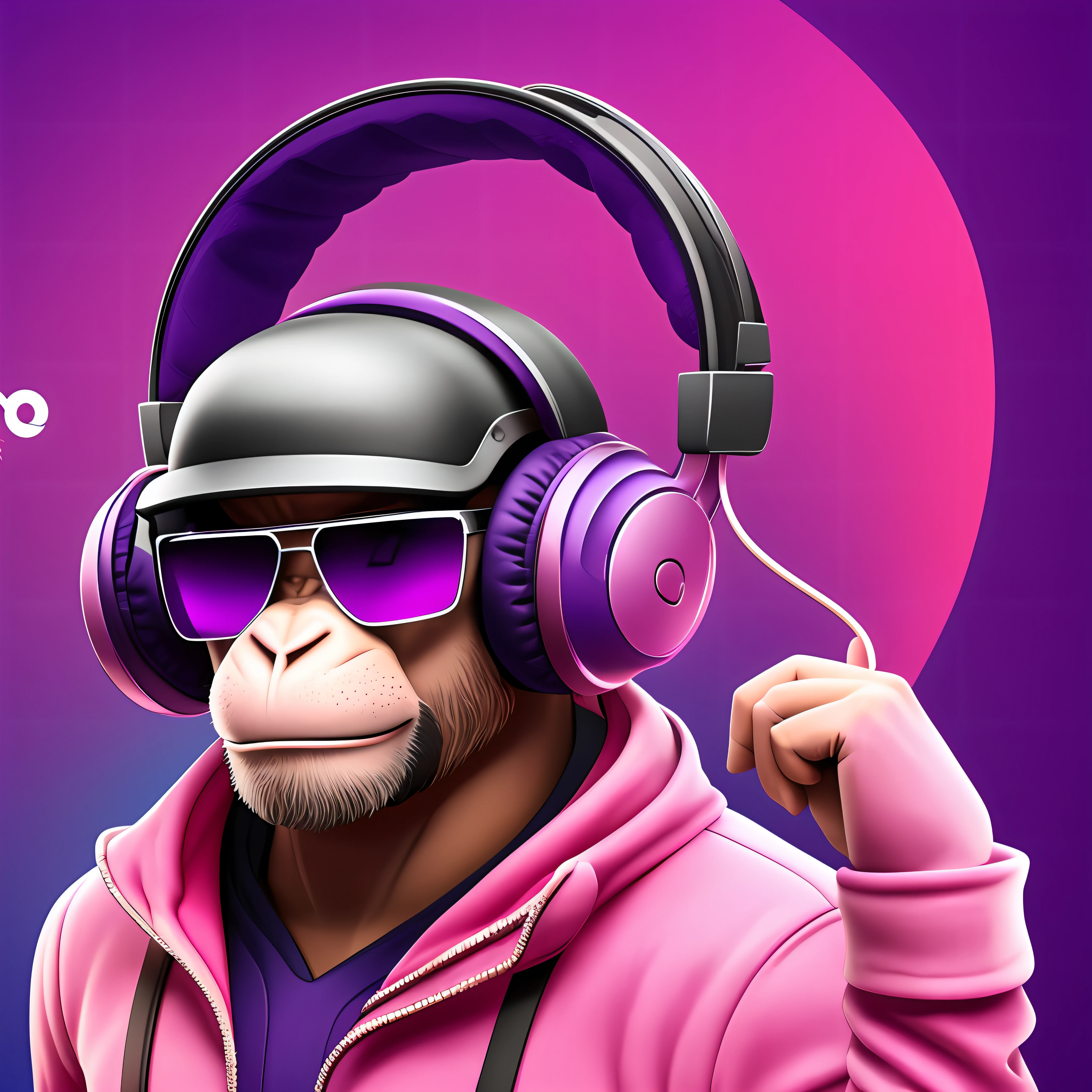 Purple monkey with headphones and sunglasses on purple background, trending on dribbble.com mascot, Pink headphones, 3 d icon for mobile game, wearing purple headphones, pink iconic character, game icon stylized, discord profile picture, mascot illustrations, with headphone, high quality illustration, Stylized 3 D, bored ape nft, Vintage pink synth wave style, headset on head --auto