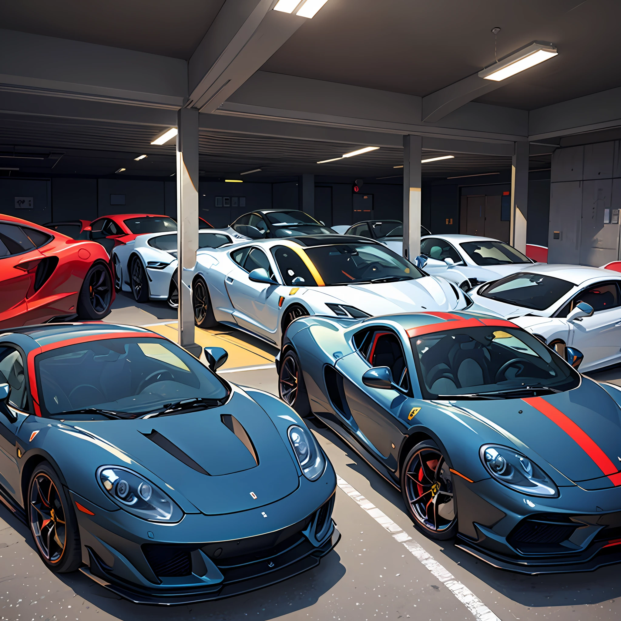 Inside a villa garage,Lots of luxury vehicles,sports cars,Ferrari,McLaren,porsche