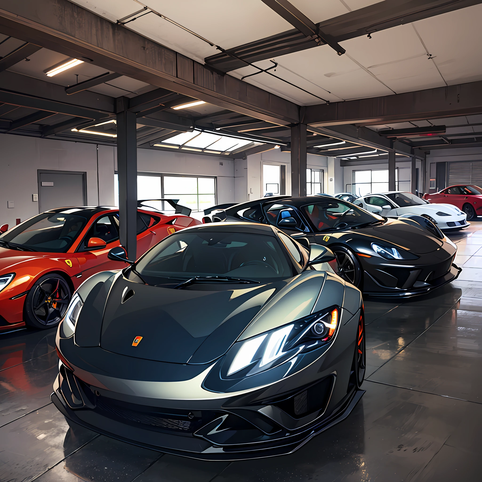 Inside a villa garage,Lots of luxury vehicles,sports cars,Ferrari,McLaren,porsche