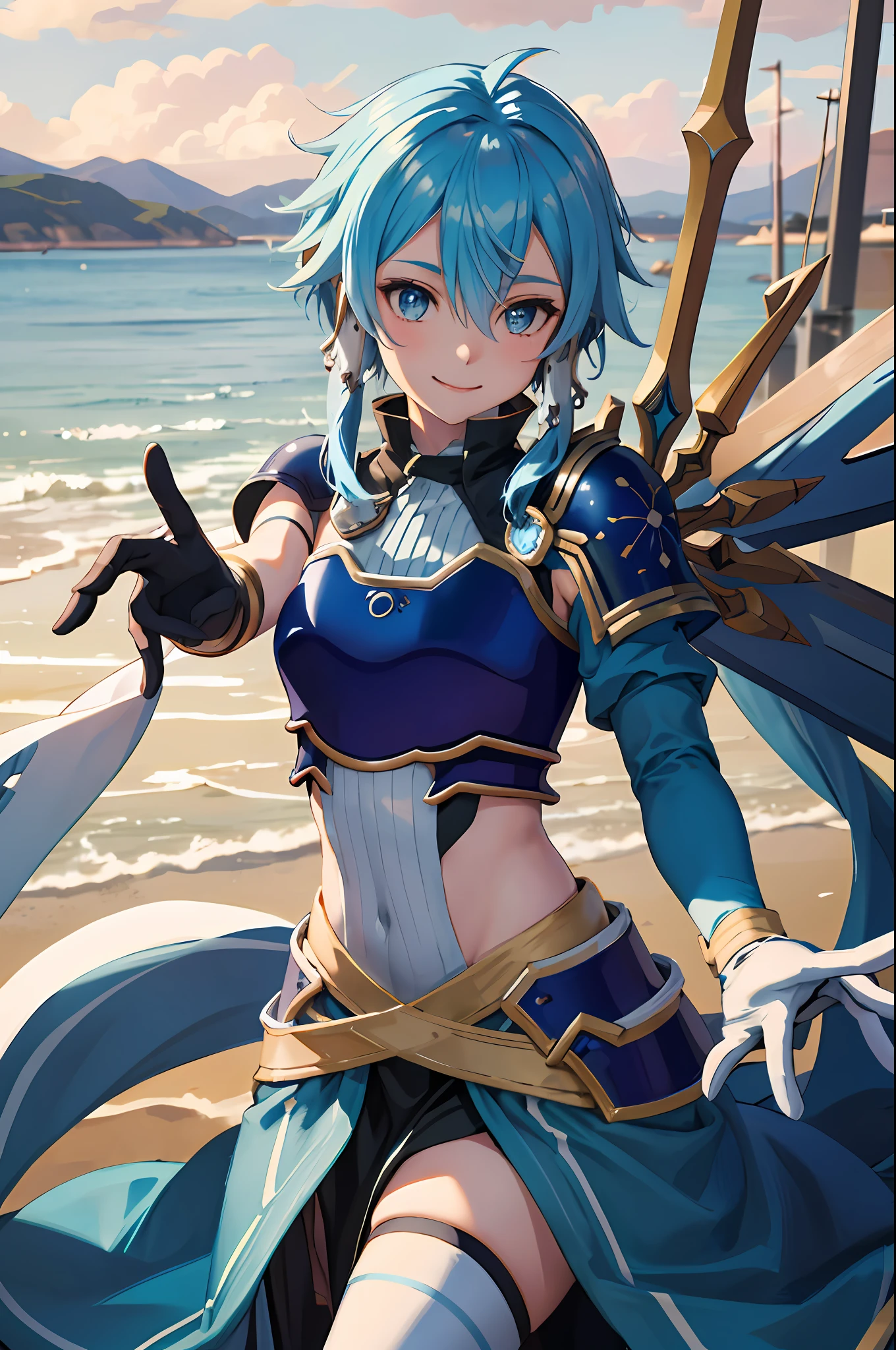 masterpiece, best quality, highres, 1girl,sinon1, white gloves, thighhighs, pelvic curtain, short hair with long locks, hair between eyes, sidelocks, breastplate, shoulder armor, blue armor, cowboy shot, reaching out, smile, outdoors,