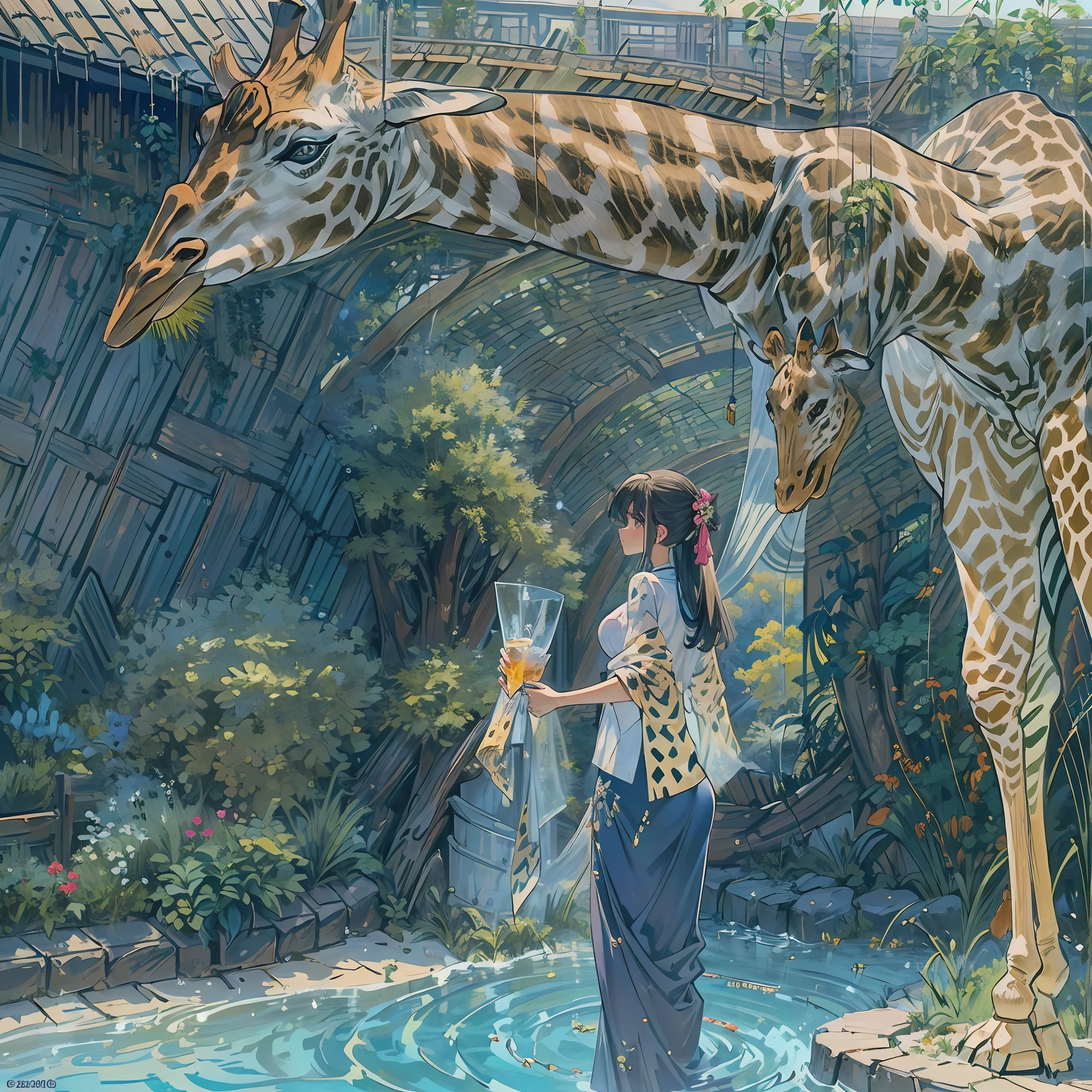 (Best Picture Quality, 8k, tmasterpiece:1.3)), 1girl, Stand on a blue carpet in front of a giraffe statue, 🦩🪐🐞👩🏻🦳, real picture taken in zoo, 🤬 🤮 💕 🎀, 2 0 2 0 fashion, in the zoo exhibit, giraffe standing on the rooftop, sofie the giraffe, taken in 2 0 2 0 ,Beautiful woman with slender abs:1.3, (Casual hairstyle, No leakage of big :1.2), shift dresses:1.1, Ultra-fine face, A detailed eye, 二重まぶた,ssmile --auto