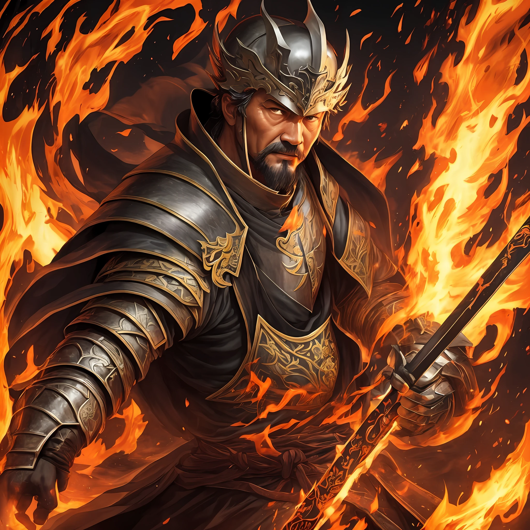 e father of Ghost Slayer, wielding Tang Hengdao, a knight in black surrounded by flames --auto --s2